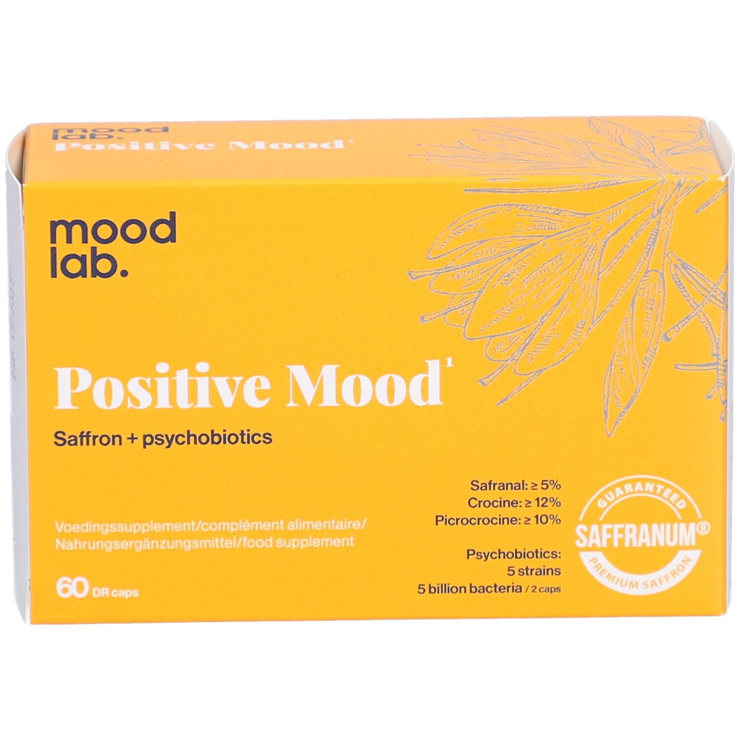 Gelbe Schachtel mit "mood lab." und "Positive Mood". Enthält Safran und Psychobiotika. 60 Kapseln.