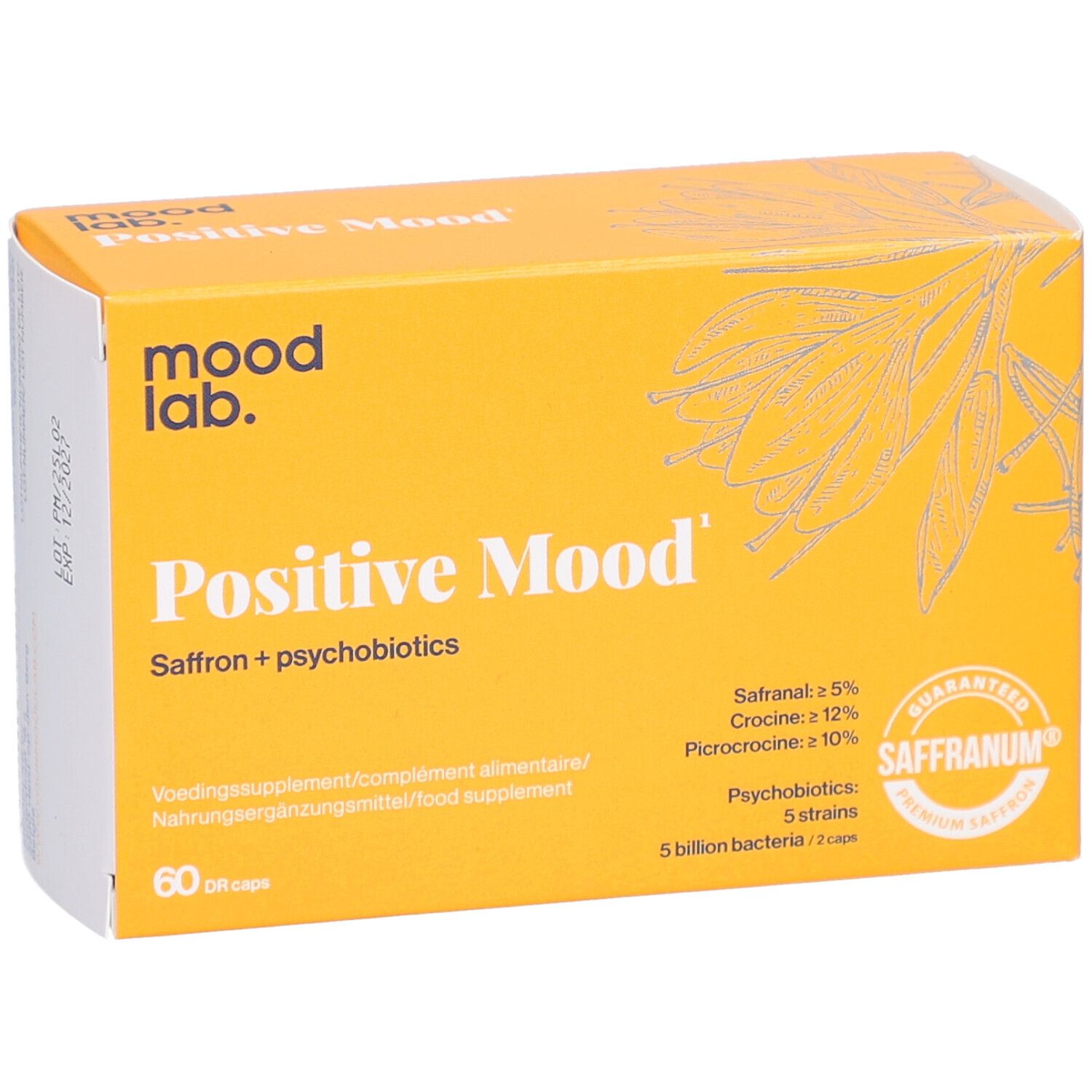 Gelbe Schachtel mit "mood lab." und "Positive Mood". Enthält Safran und Psychobiotika. 60 Kapseln.