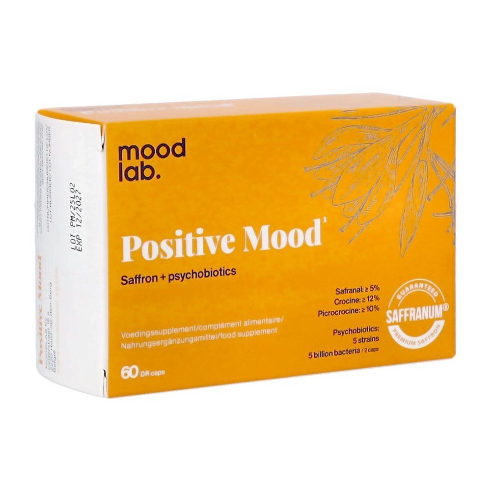 Boîte jaune "mood lab." et "Positive Mood". Contient du safran et psychobiotiques. 60 gélules.