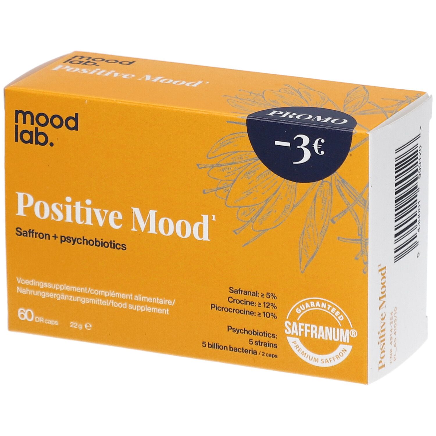 Gelbe Schachtel mit "Positive Mood" und "60 Caps". Enthält Saffranum-Zertifizierung.