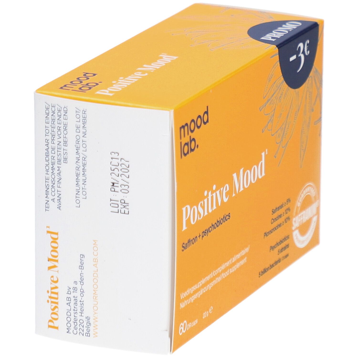 Gelbe Schachtel "Positive Mood". Aufdruck: Haltbarkeit, Chargennummer. Logo Mood Lab.