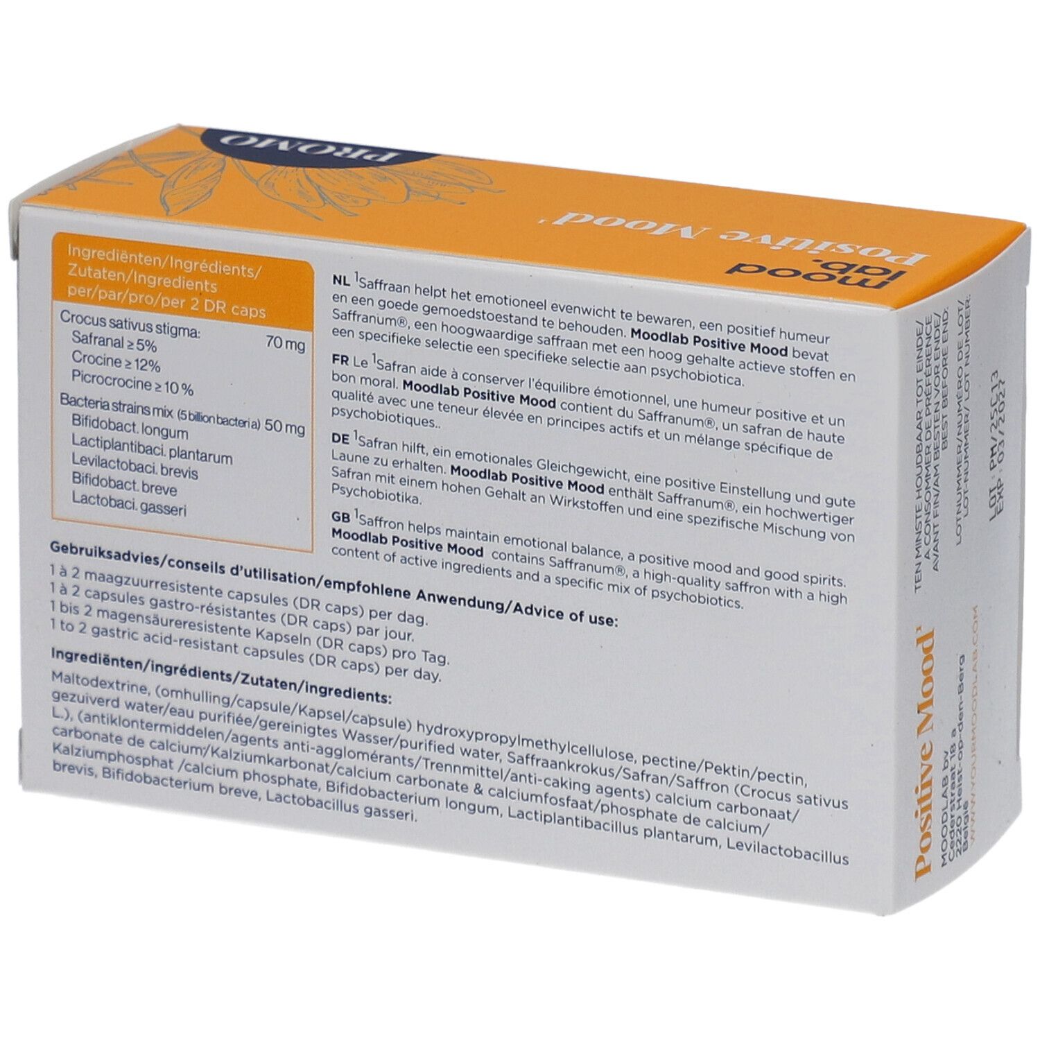 Rückseite der Schachtel "Positive Mood". Text in mehreren Sprachen. Inhaltsstoffe, Anwendung.
