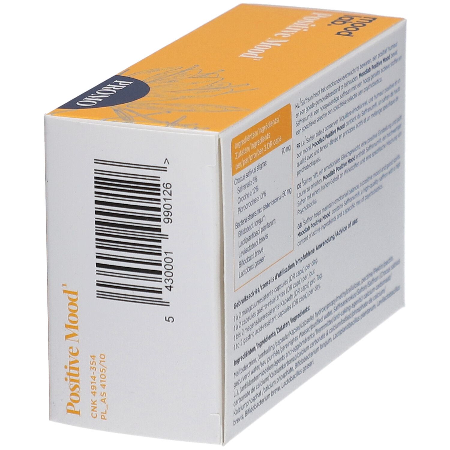 Seite der Schachtel "Positive Mood" mit Barcode. Text in mehreren Sprachen.