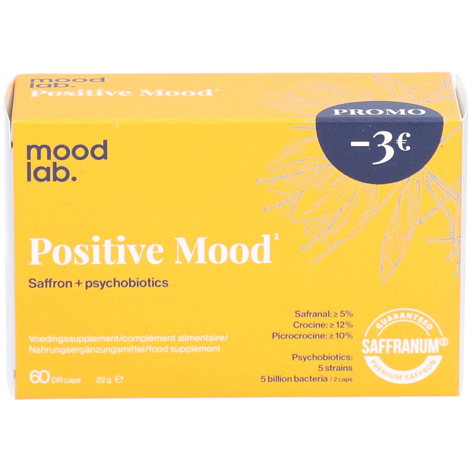 Gelbe Schachtel "Positive Mood", 60 Kapseln. Saffranum-Zertifizierung. Promo-Aufkleber.