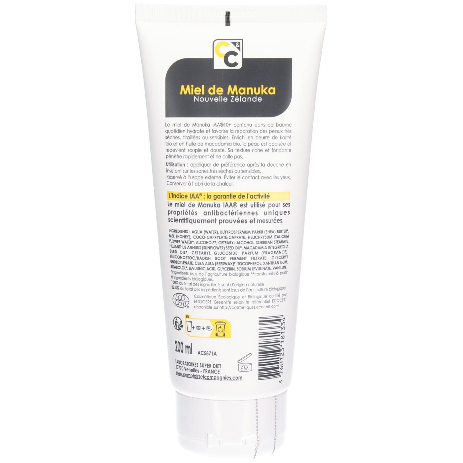 Rückseite der Tube. Text: Miel de Manuka, Inhaltsstoffe, 200 ml, Bio-Zertifizierung. Weiße Tube mit schwarzem Text.