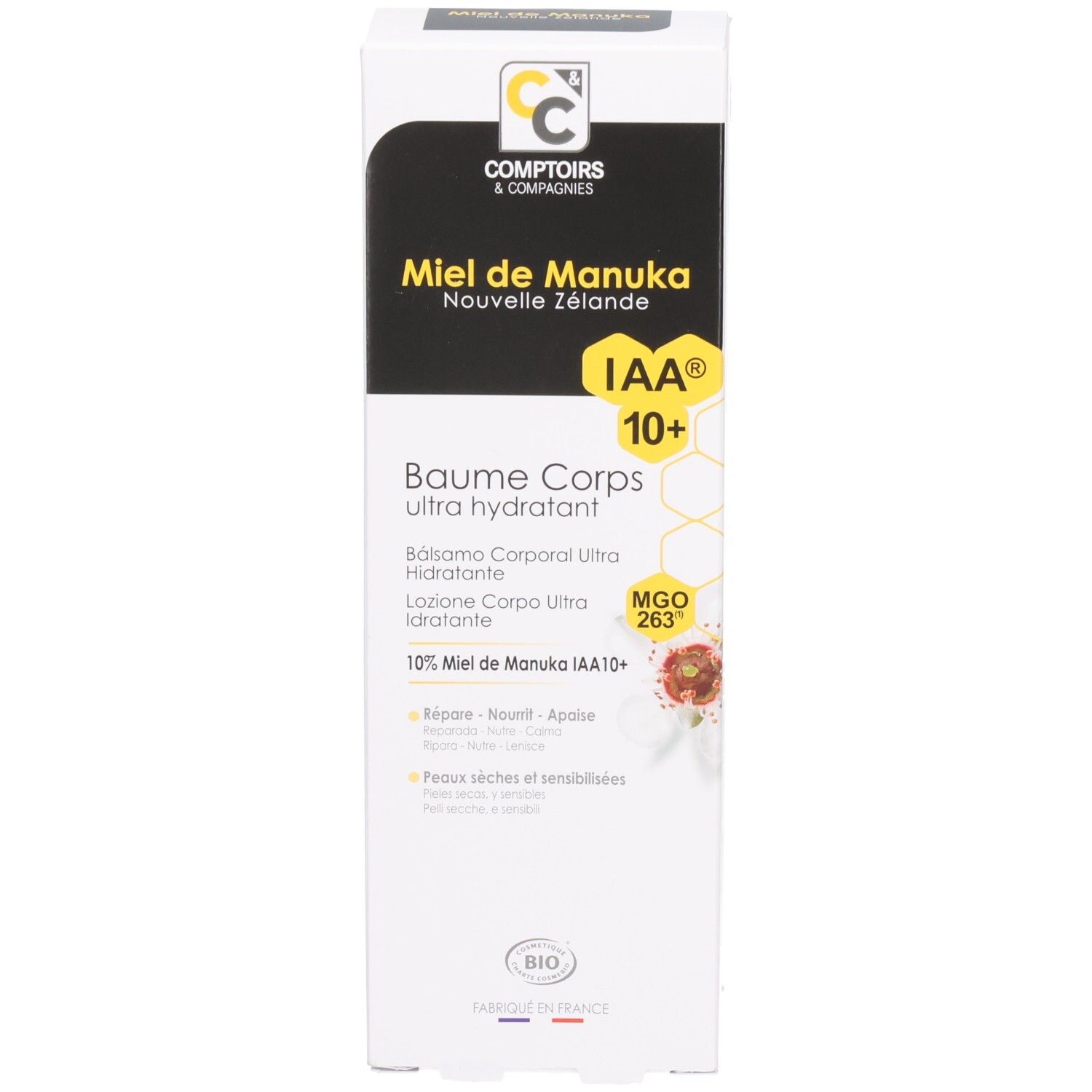 Produktverpackung. Text: Miel de Manuka, IAA 10+, Baume Corps ultra hydratant. Bio-Siegel.