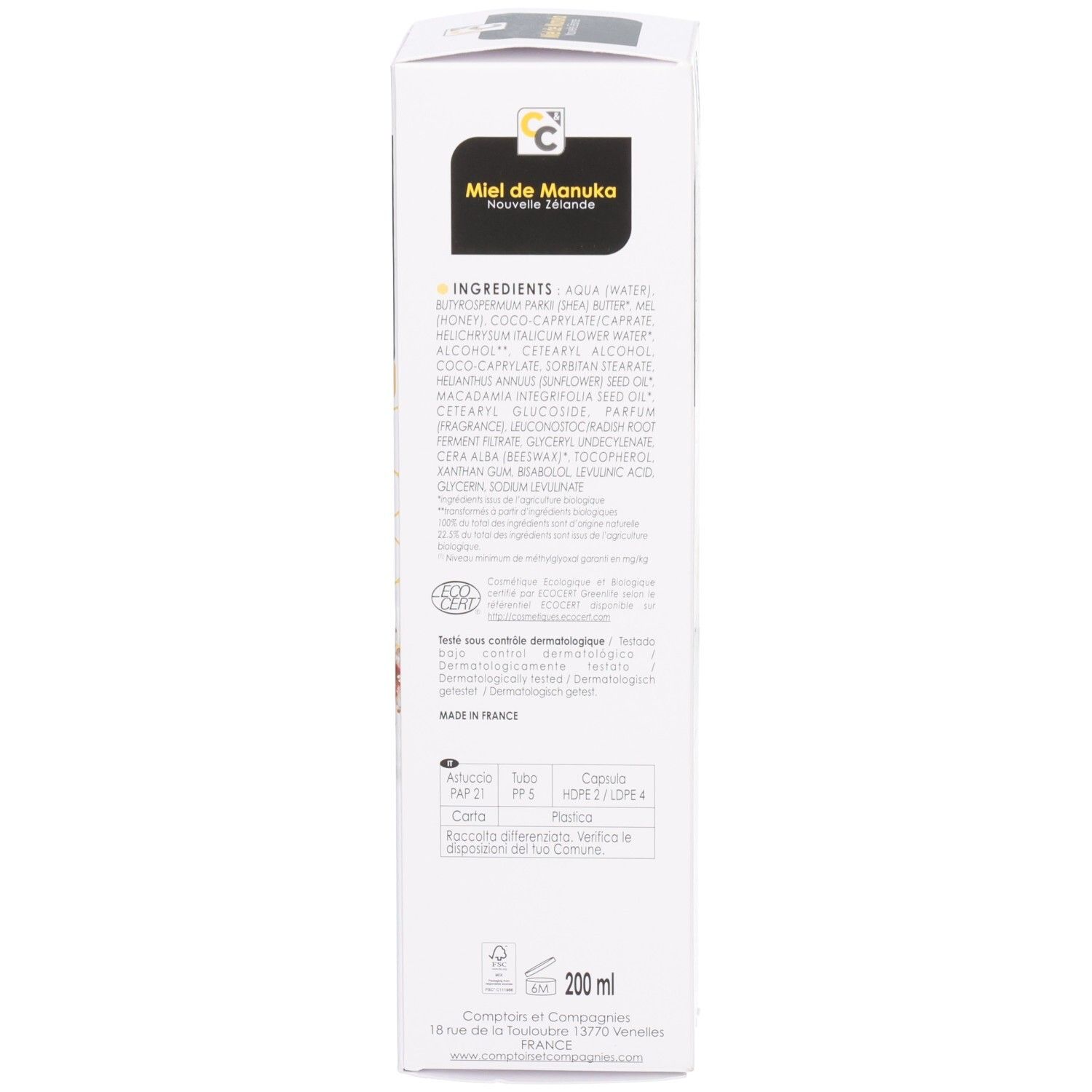 Rückseite der Produktverpackung. Text: Inhaltsstoffe, 200 ml, Bio-Zertifizierung. Weißer Karton.