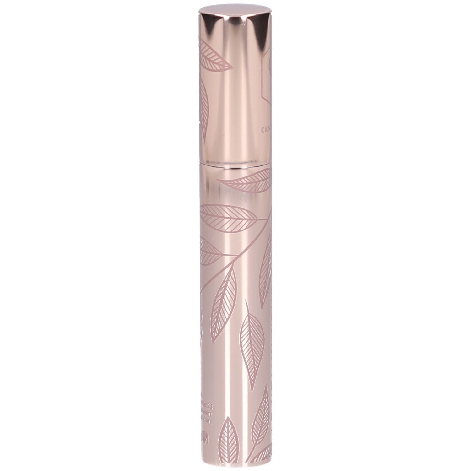 Rosafarbene Mascarahülse mit Blättermuster. Zylindrische Form mit silberfarbenem Deckel. Keine weiteren Details.