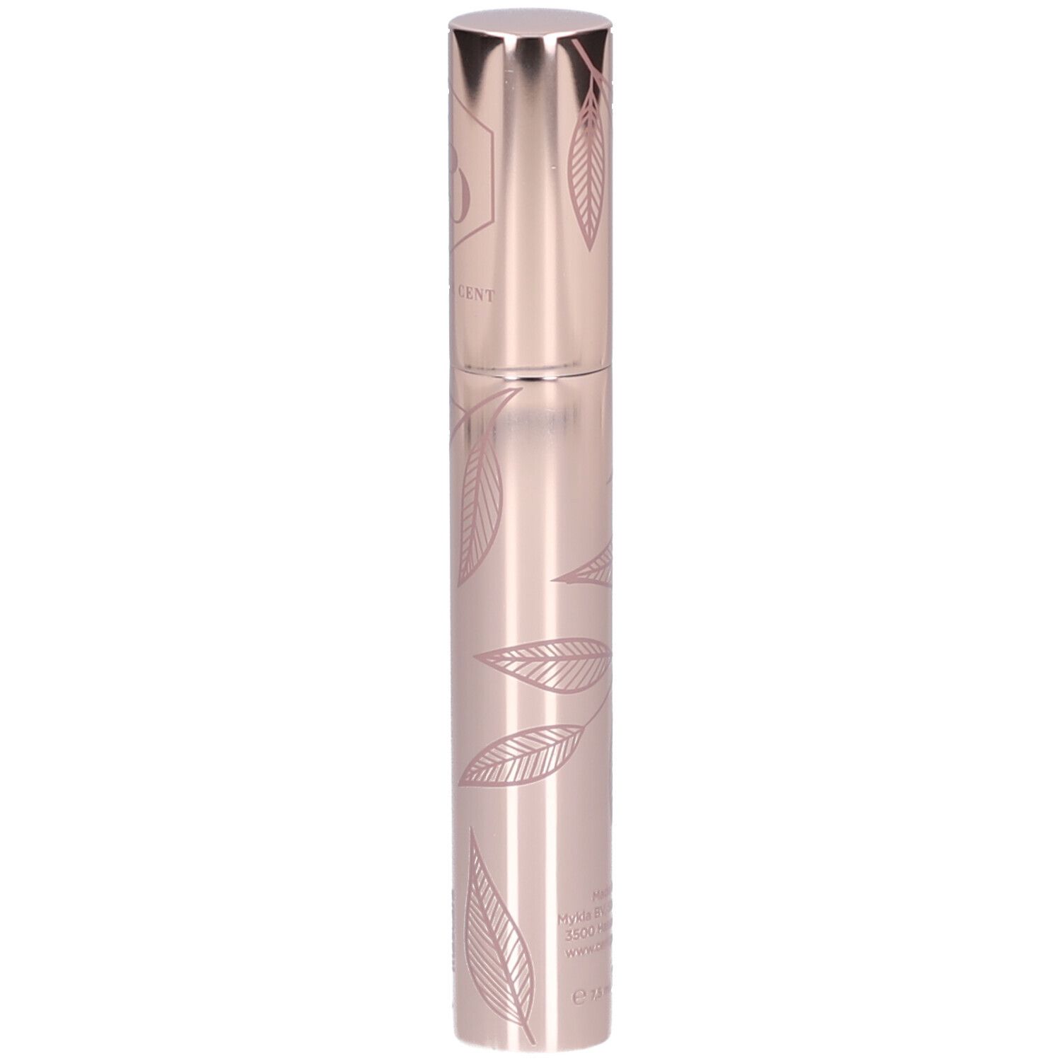 Rosafarbene Mascarahülse mit Blättermuster. Zylindrische Form mit silberfarbenem Deckel. Logo oben.