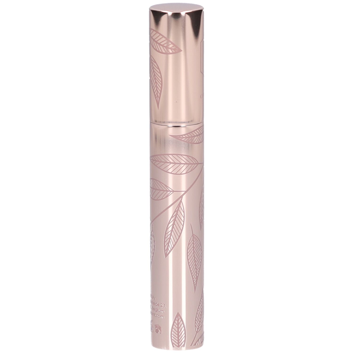 Rosafarbene Mascarahülse mit Blättermuster. Zylindrische Form mit silberfarbenem Deckel. Text unten.