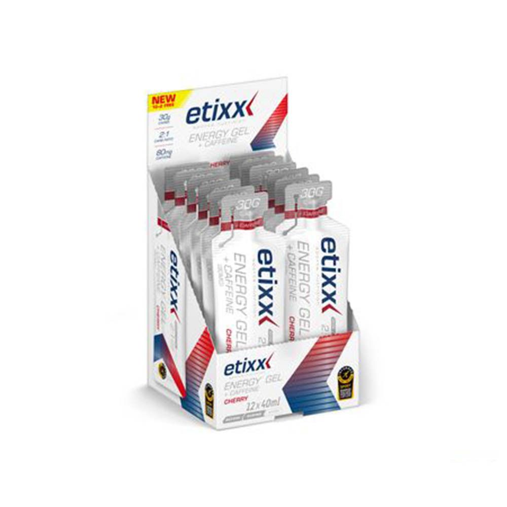 Etixx Energy Gel + Caffeine Cherry. Présentoir avec 12 sachets de gel. 40ml par sachet.