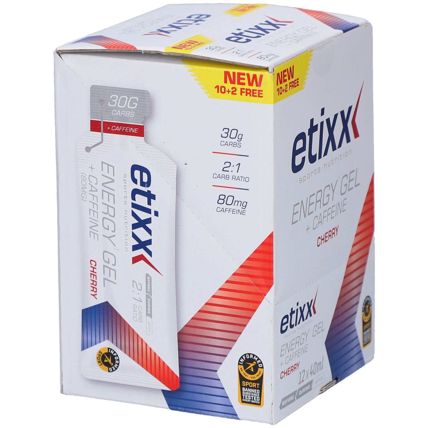 Etixx Energy Gel + Caffeine Cherry Box. Enthält 12 Beutel à 40ml. Mit Aufschrift "NEW 10+2 FREE". Ein Gel-Beutel ist sichtbar.