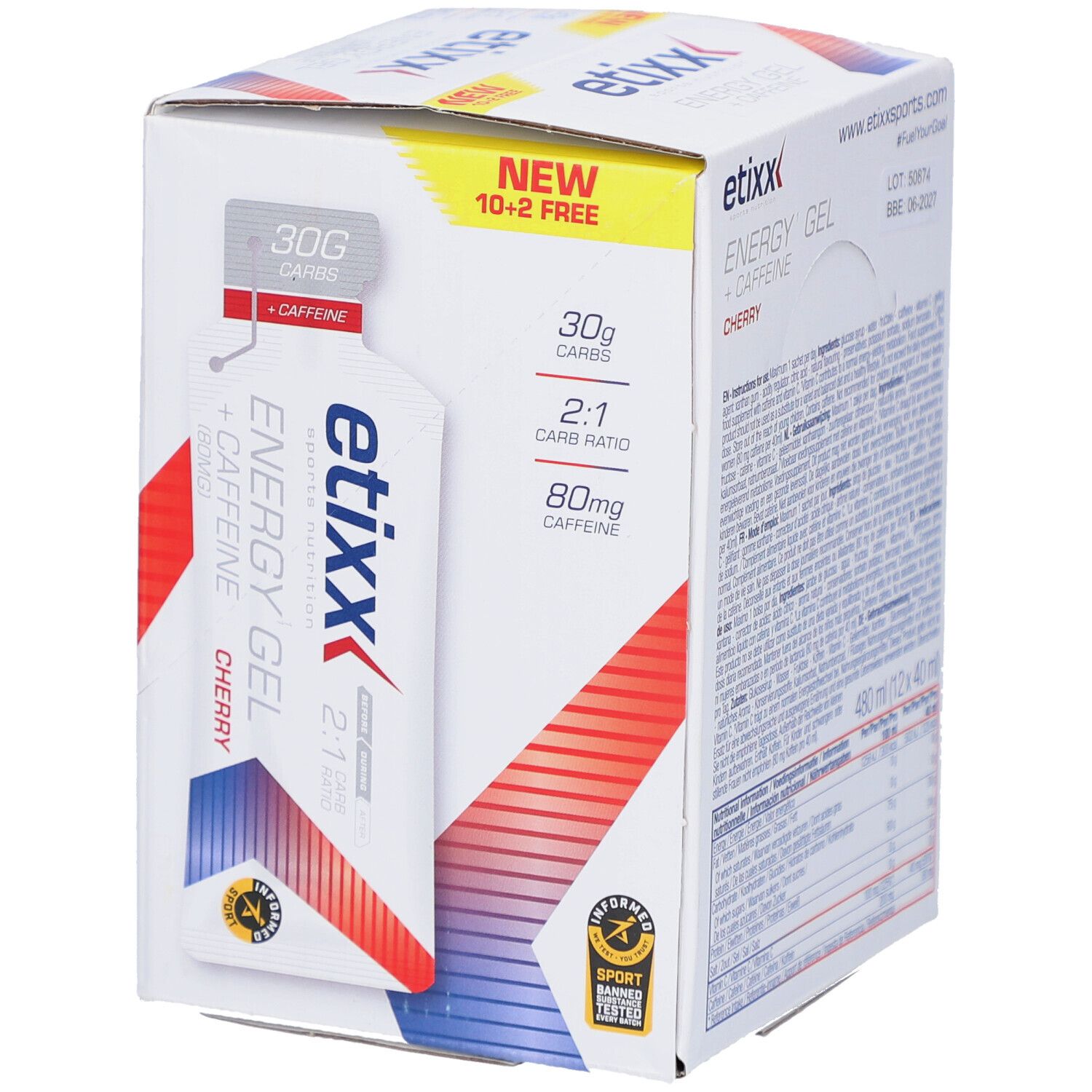 Etixx Energy Gel + Caffeine Cherry Box. Ein Gel-Beutel ist sichtbar. Mit Aufschrift "NEW 10+2 FREE".