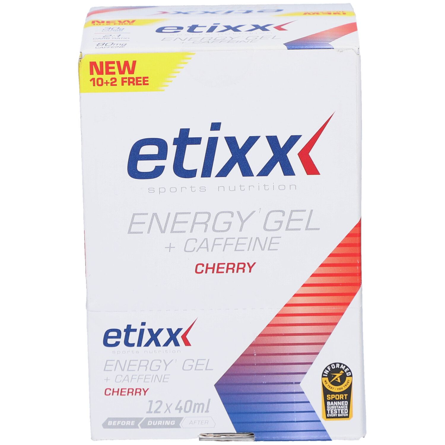 Etixx Energy Gel + Caffeine Cherry Box. Enthält 12 Beutel à 40ml. Mit Aufschrift "NEW 10+2 FREE".