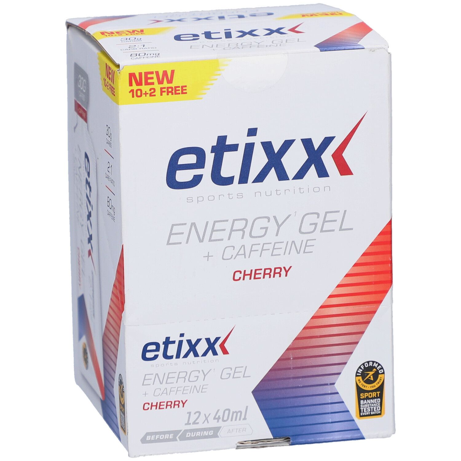 Etixx Energy Gel + Caffeine Cherry Box. Enthält 12 Beutel à 40ml. Mit Aufschrift "NEW 10+2 FREE".