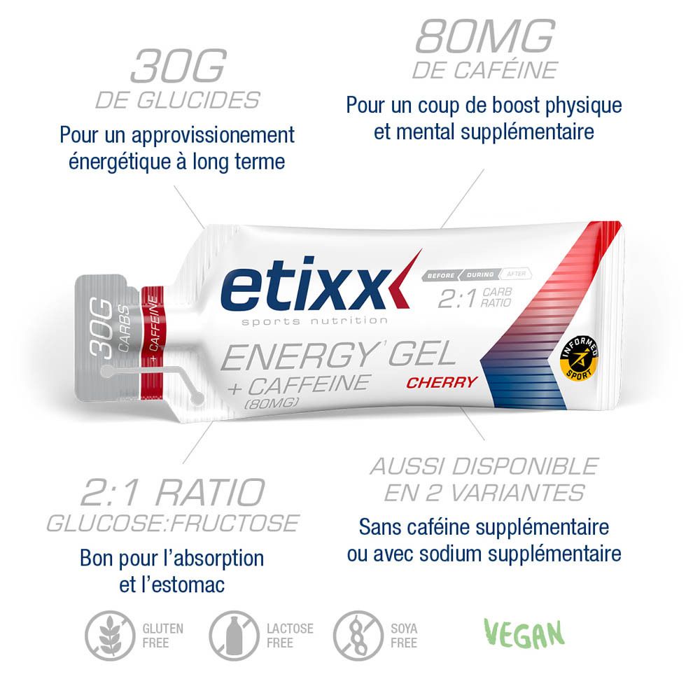 Etixx Energy Gel + Caféine Cerise. Boîte de 12 gels. Inscriptions: 30g glucides, 80mg caféine, cerise.