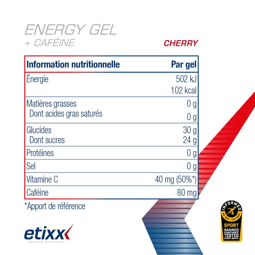 Etixx Energy Gel + Caféine Cerise. Boîte de 12 gels. Inscriptions: 30g glucides, 80mg caféine, cerise.