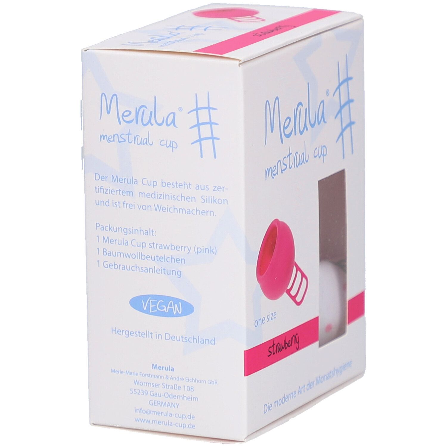 Rückseite der Merula Menstruationstassen-Verpackung. Produktinformationen, Inhaltsangabe, vegan.