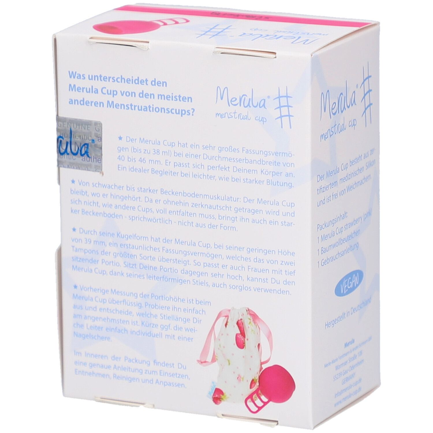 Rückseite der Merula Menstruationstassen-Verpackung. Text, Illustration, vegan.