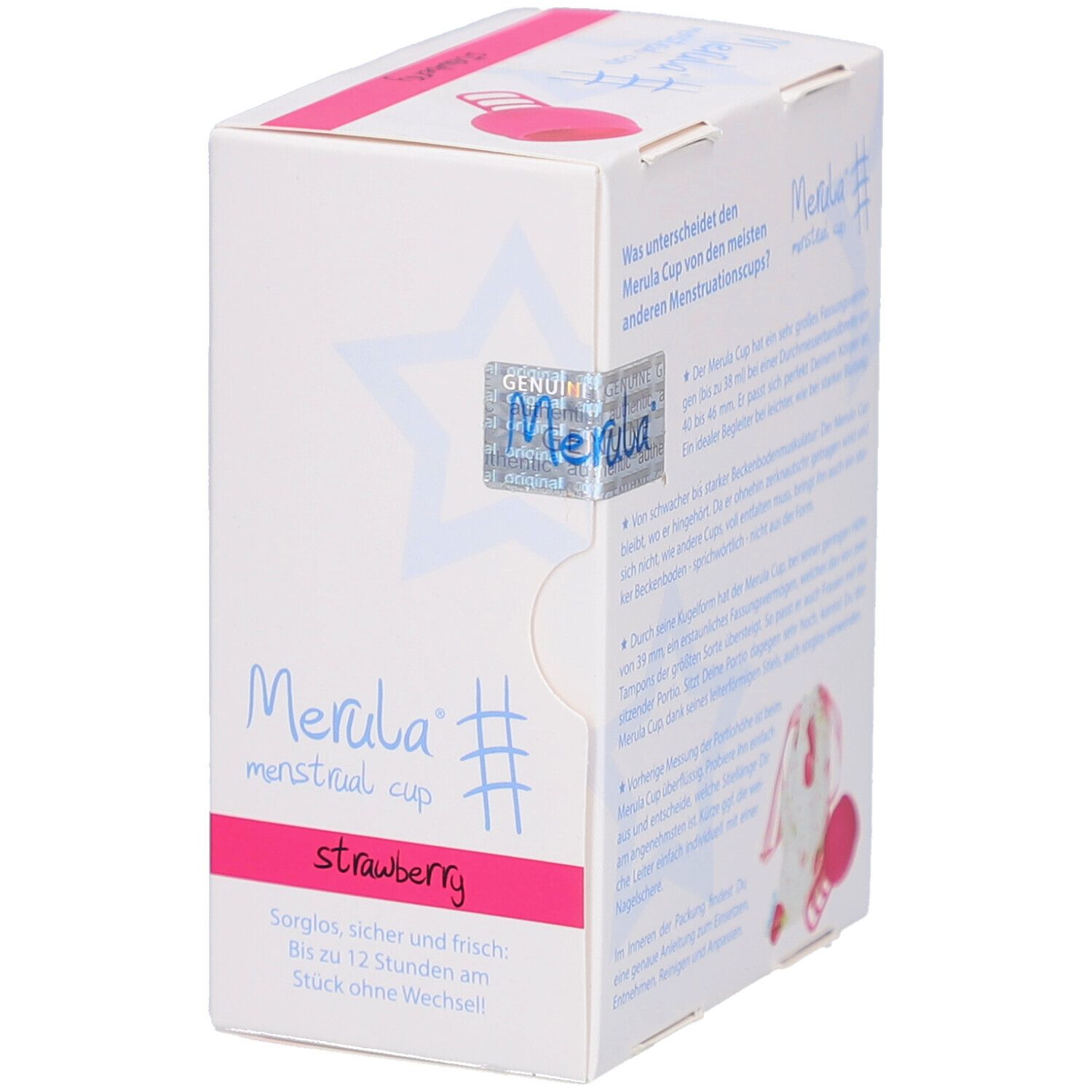 Verpackung der Merula Menstruationstasse. Siegel, Produktname, Text. Rosa Streifen.
