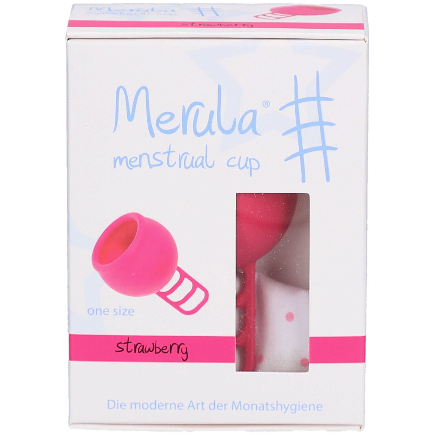 Verpackung der Merula Menstruationstasse. Rosa Tasse im Sichtfenster. Produktname, Text.