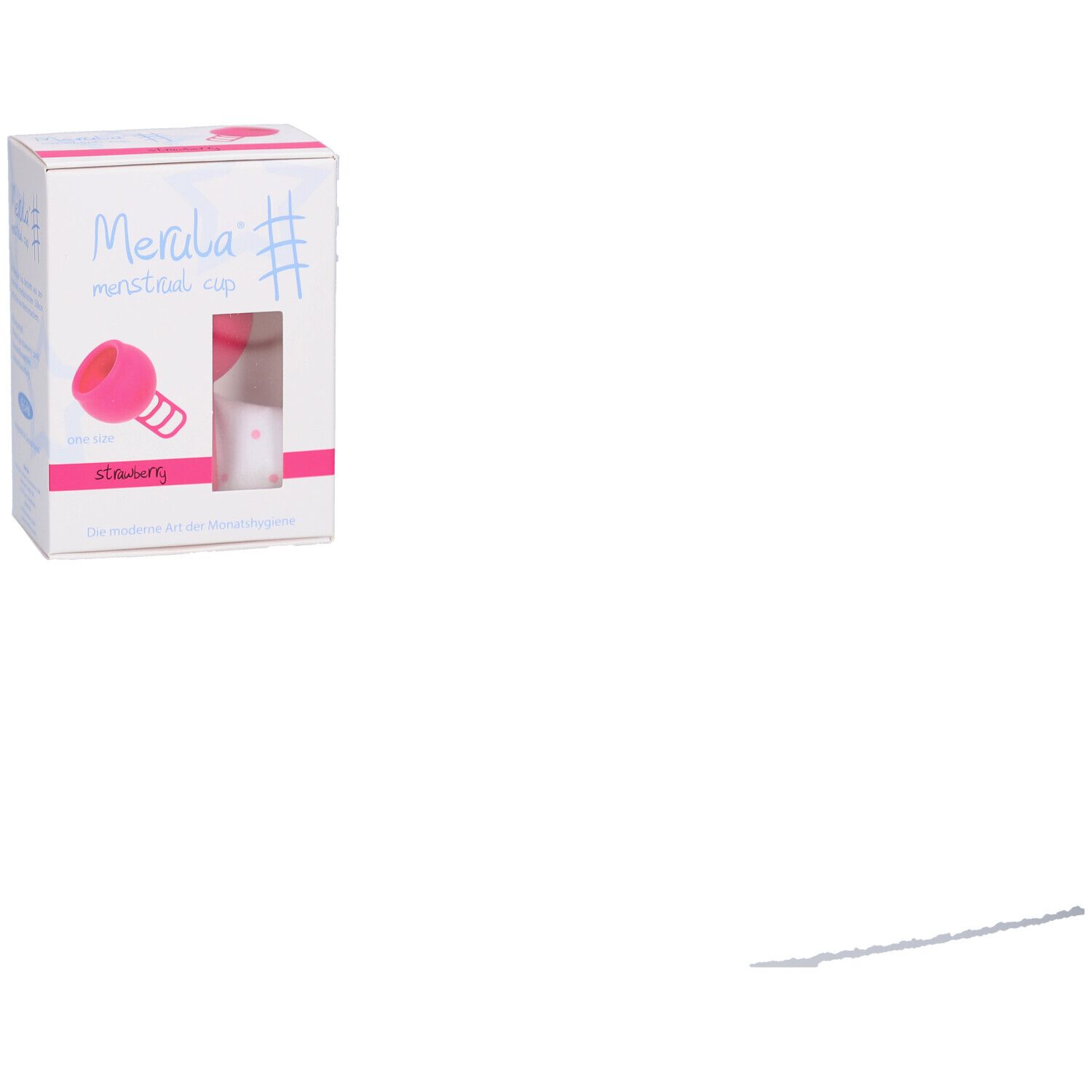 Verpackung der Merula Menstruationstasse. Rosa Tasse im Sichtfenster. Produktname, Text.