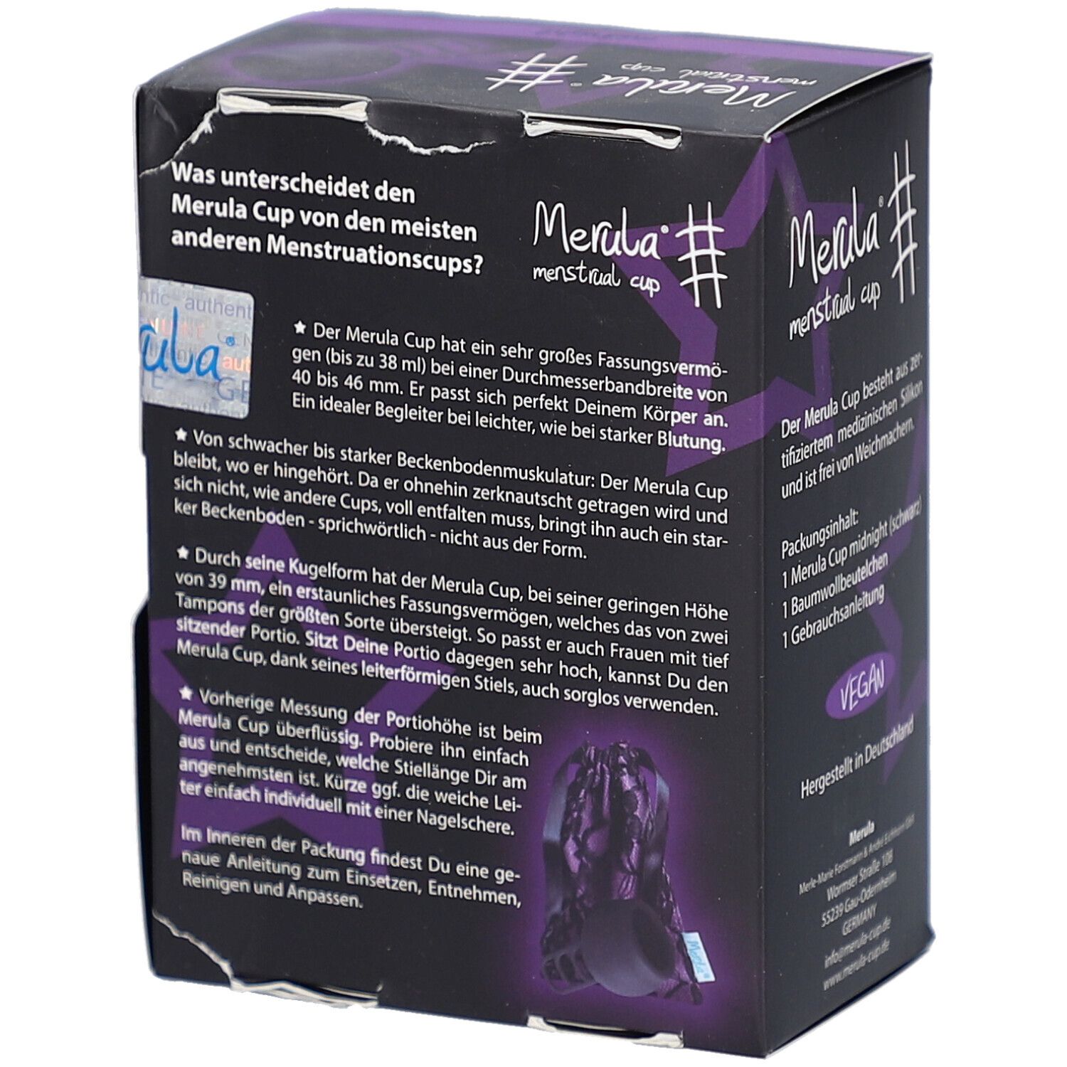 Schwarze Box mit Text: Merula menstrual cup. Rückseite mit Produktinformationen und Abbildung des Produkts.