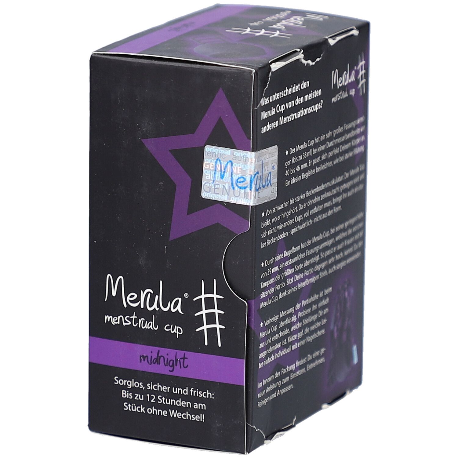 Schwarze Box mit Text: Merula menstrual cup, midnight. Echtheitszertifikat. Produktinformationen auf der Rückseite.