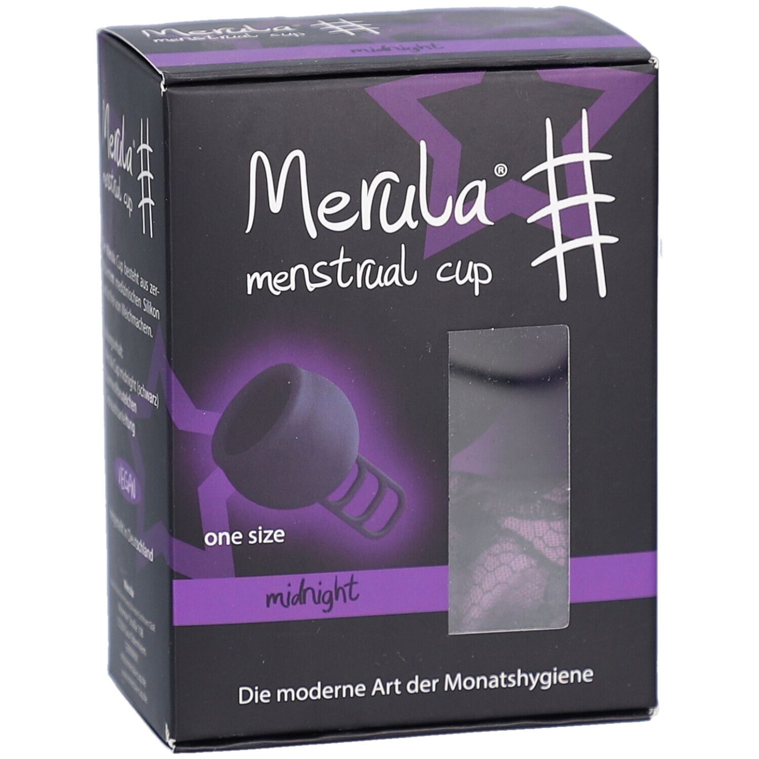 Schwarze Box mit Produktabbildung und Text: Merula menstrual cup, midnight, one size. Sichtfenster.