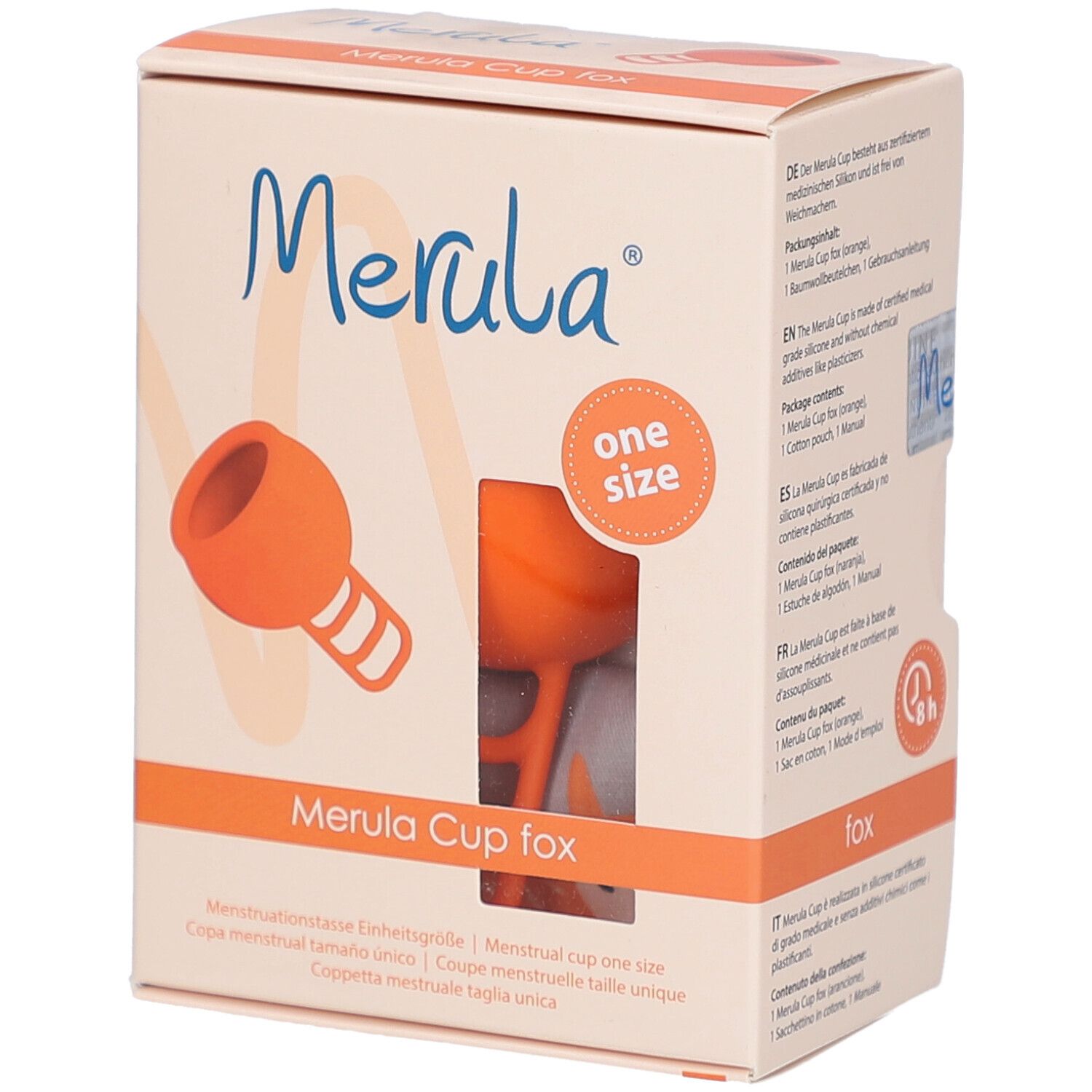 Verpackung der Merula Cup fox. Orangefarbene Menstruationstasse mit Illustration. Text: One Size.
