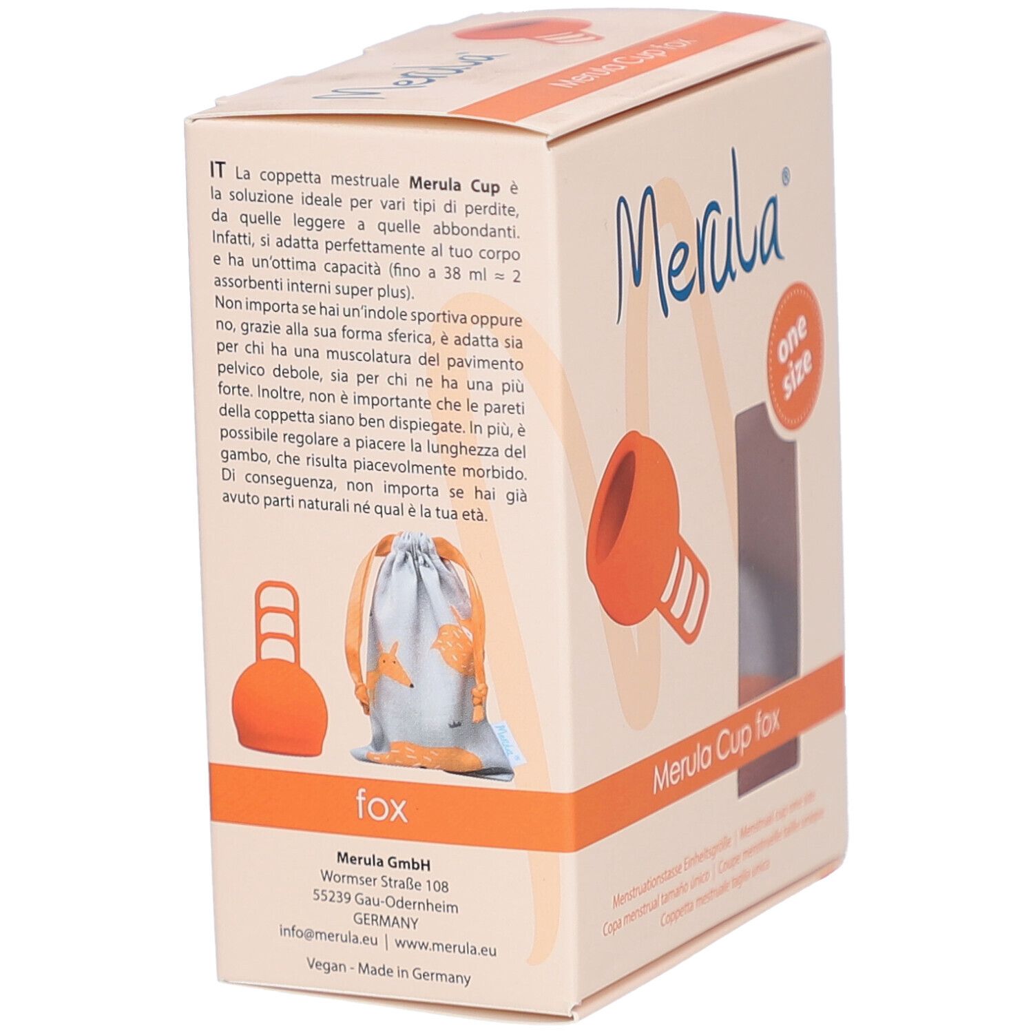 Verpackung der Merula Cup fox. Illustration der Tasse und Beutel. Text: Merula Cup fox.