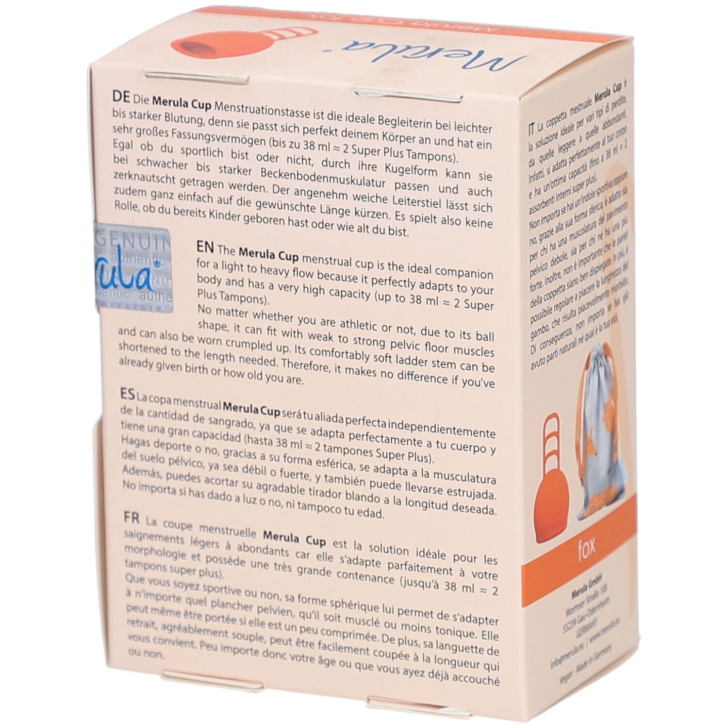 Rückseite der Verpackung Merula Cup fox. Text in mehreren Sprachen. Illustration der Tasse und Beutel.