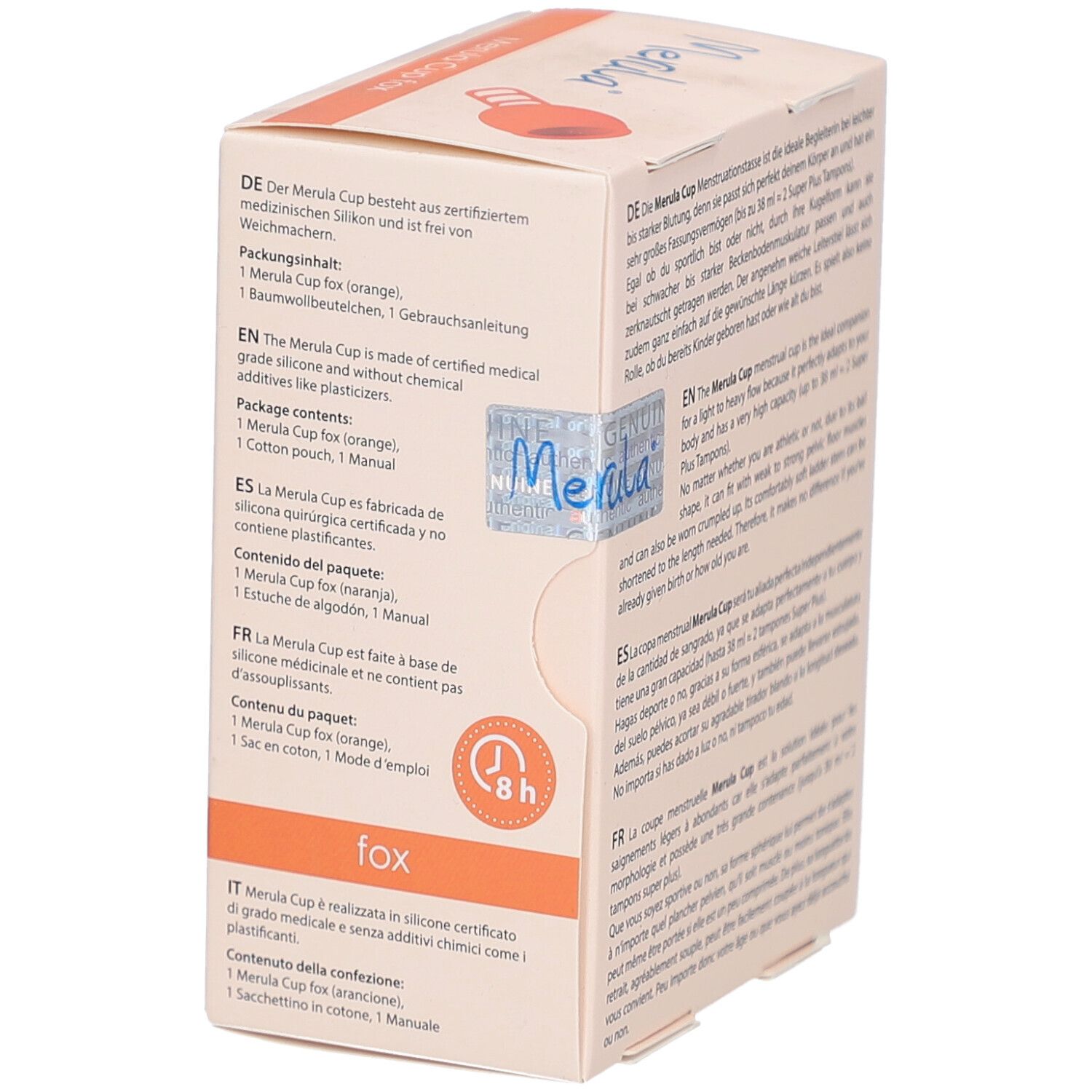 Verpackung Merula Cup fox. Text in mehreren Sprachen. Logo mit 8h. Inhalt: Tasse, Beutel, Anleitung.