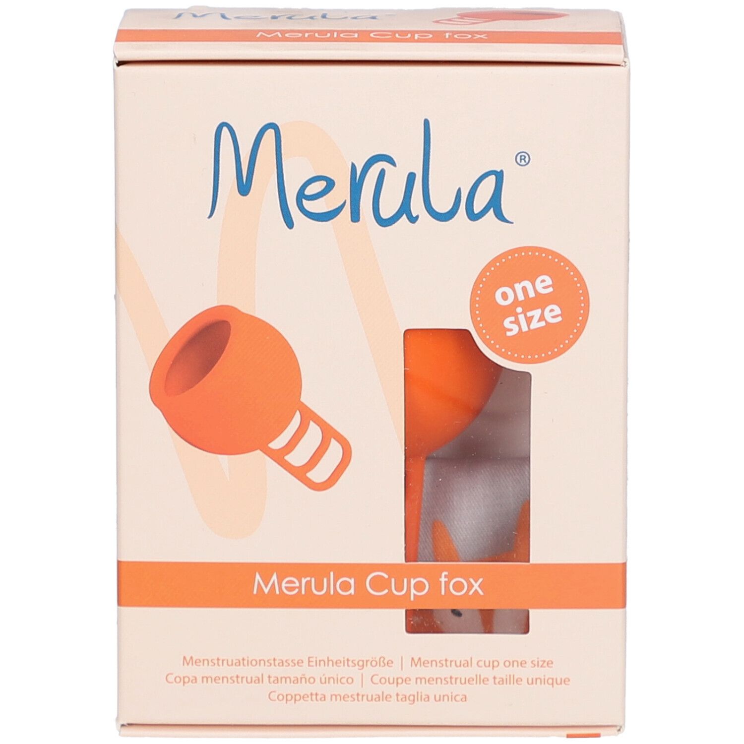 Verpackung Merula Cup fox. Orangefarbene Menstruationstasse sichtbar. Text: One Size.