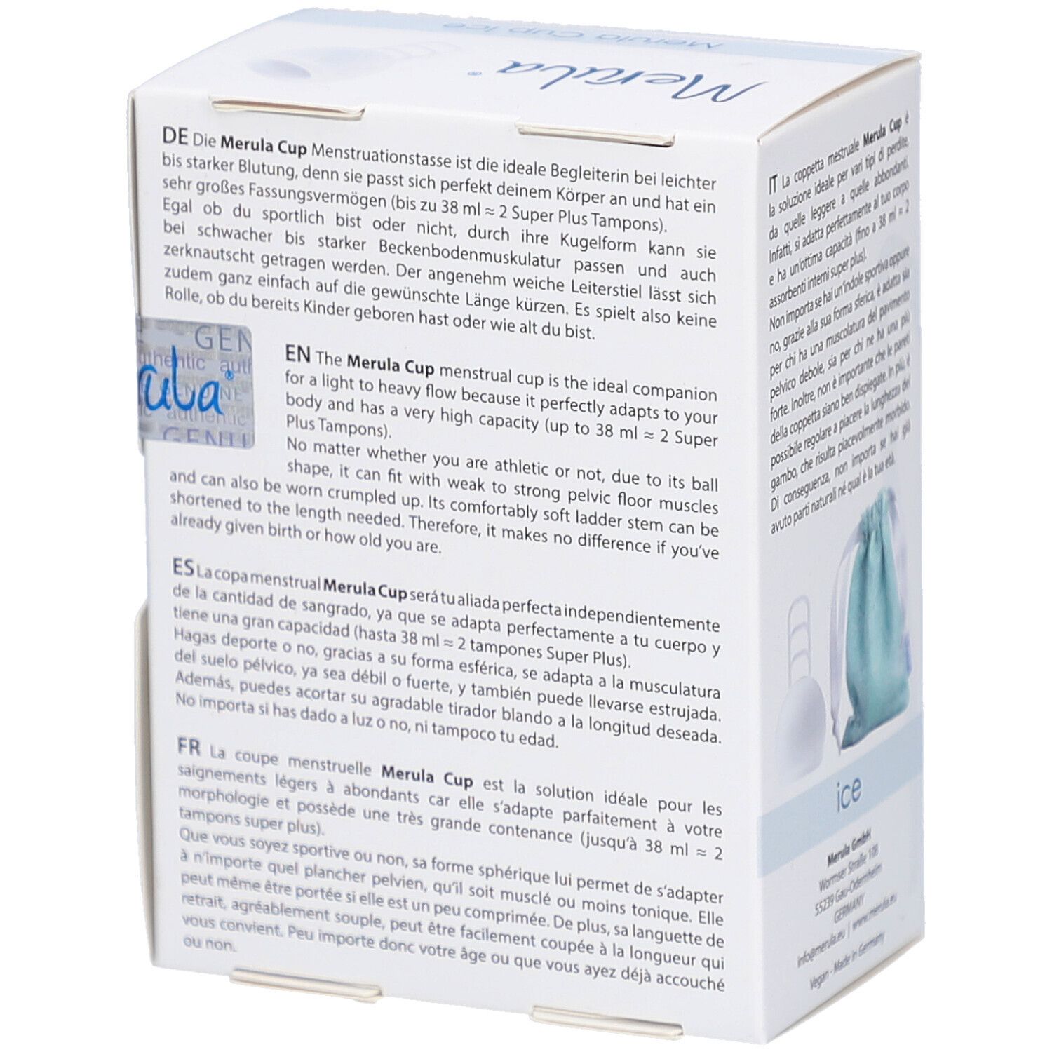 Rückseite der Merula Cup Verpackung. Text in mehreren Sprachen. Produktname und Logo.