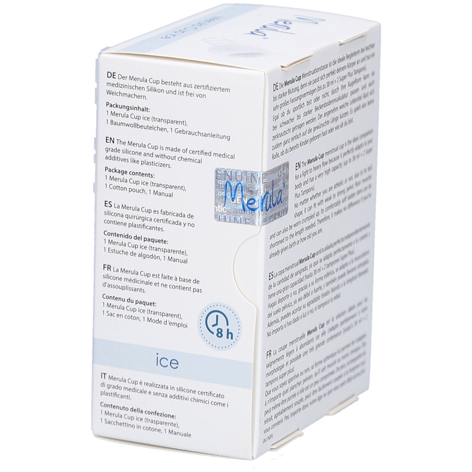 Rückseite der Merula Cup Verpackung. Text in mehreren Sprachen. Produktname und Logo.