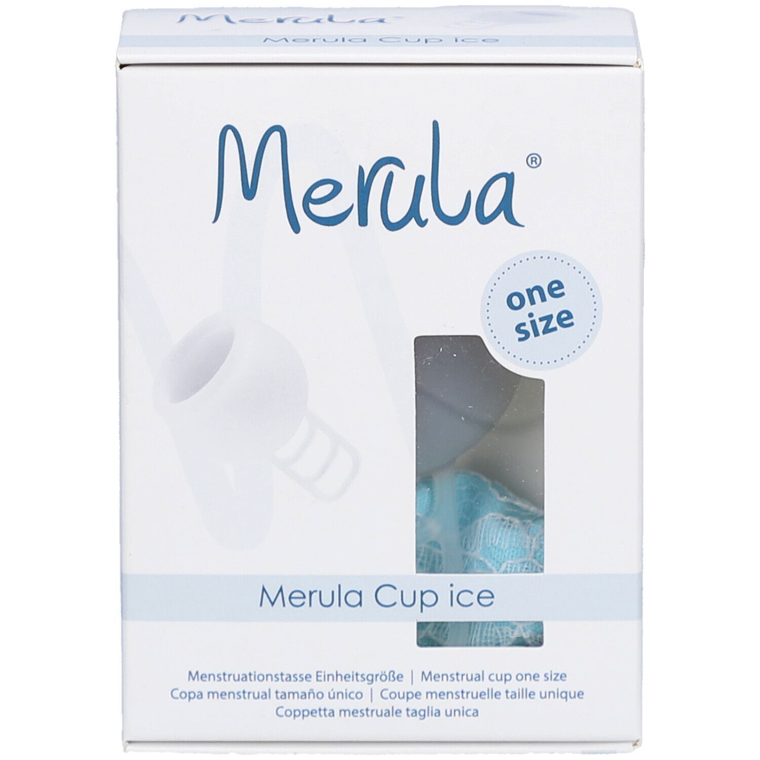 Weißer Karton mit Produktabbildung und Schriftzug Merula. Sichtfenster zeigt Menstruationstasse. Text: Merula Cup ice, one size.