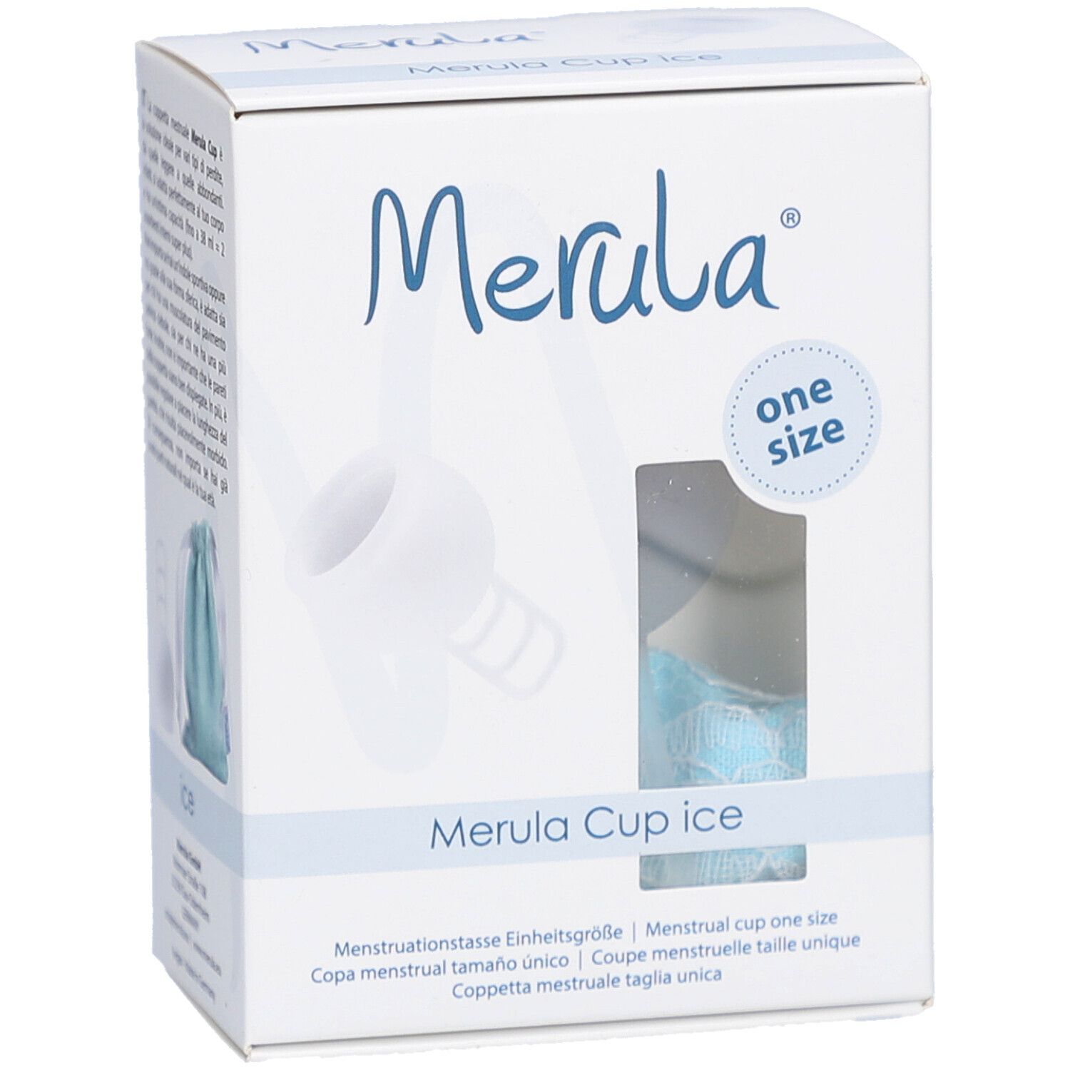 Weißer Karton mit Produktabbildung und Schriftzug Merula. Sichtfenster zeigt Menstruationstasse. Text: Merula Cup ice, one size.