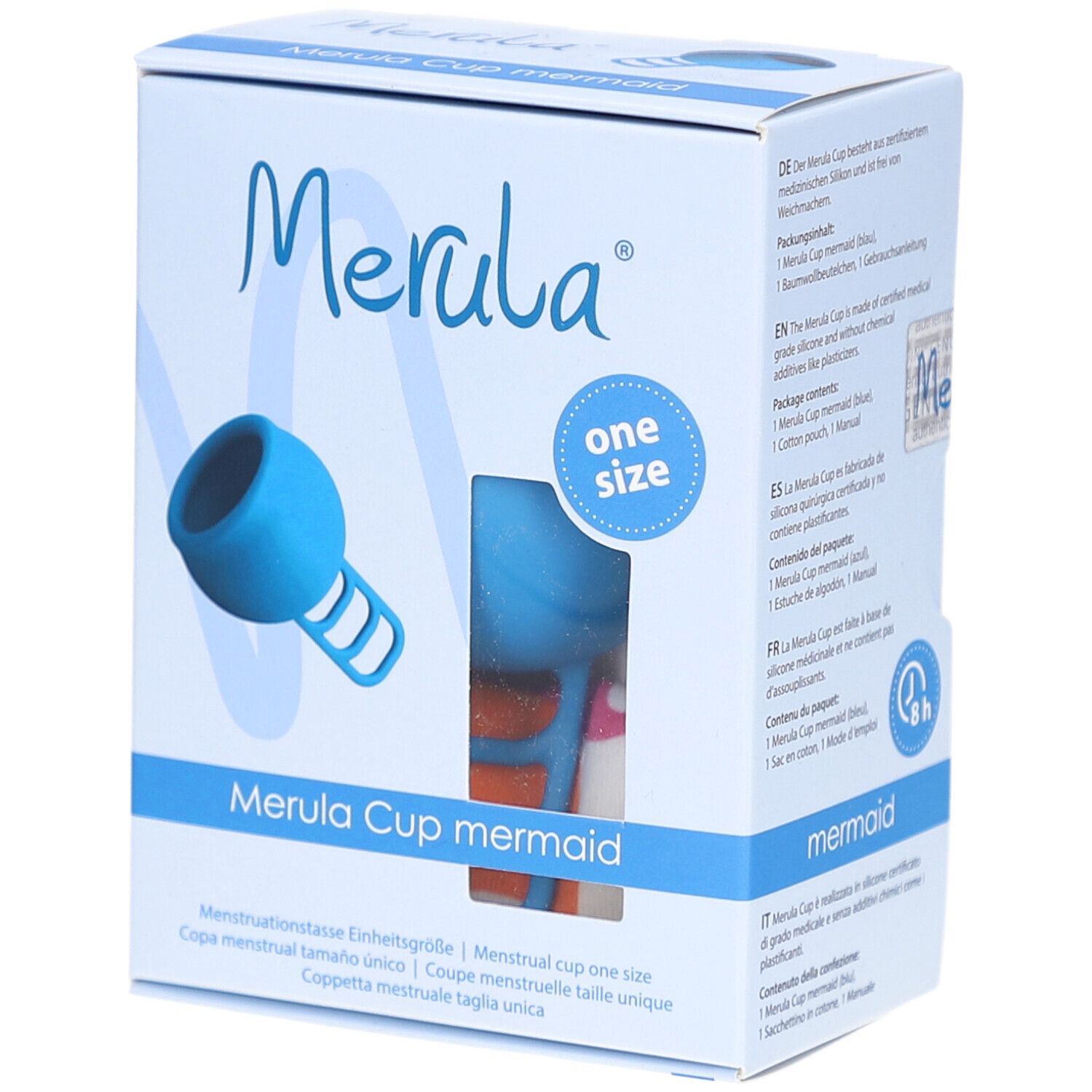 Merula Cup mermaid, blaue Menstruationstasse in Verpackung. Sichtfenster zeigt Produkt. Box mit Logo und Text.