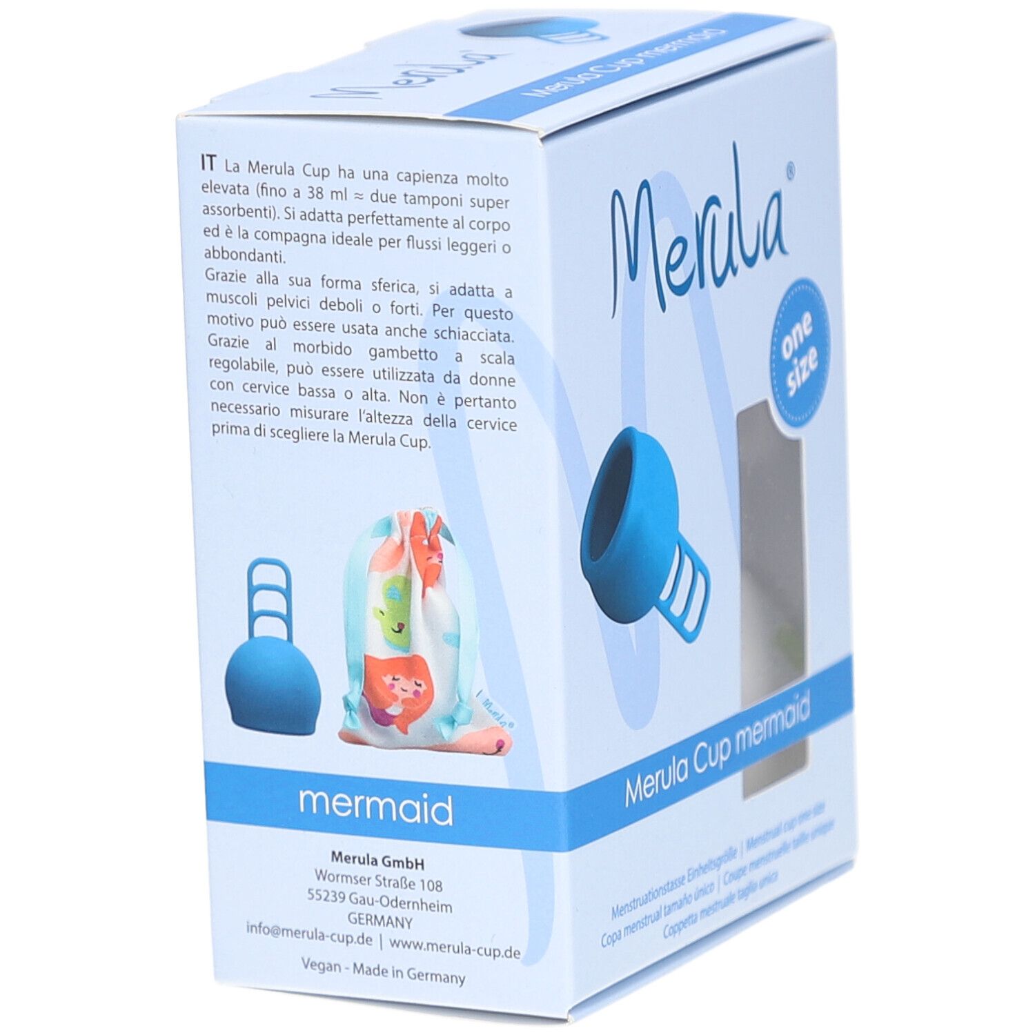Verpackung Merula Cup mermaid, blaue Menstruationstasse und Beutel. Text und Logo auf der Box.