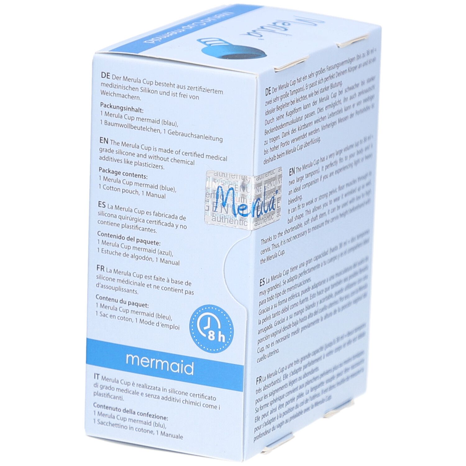 Verpackung Merula Cup mermaid. Text in mehreren Sprachen. Blaue Menstruationstasse abgebildet.