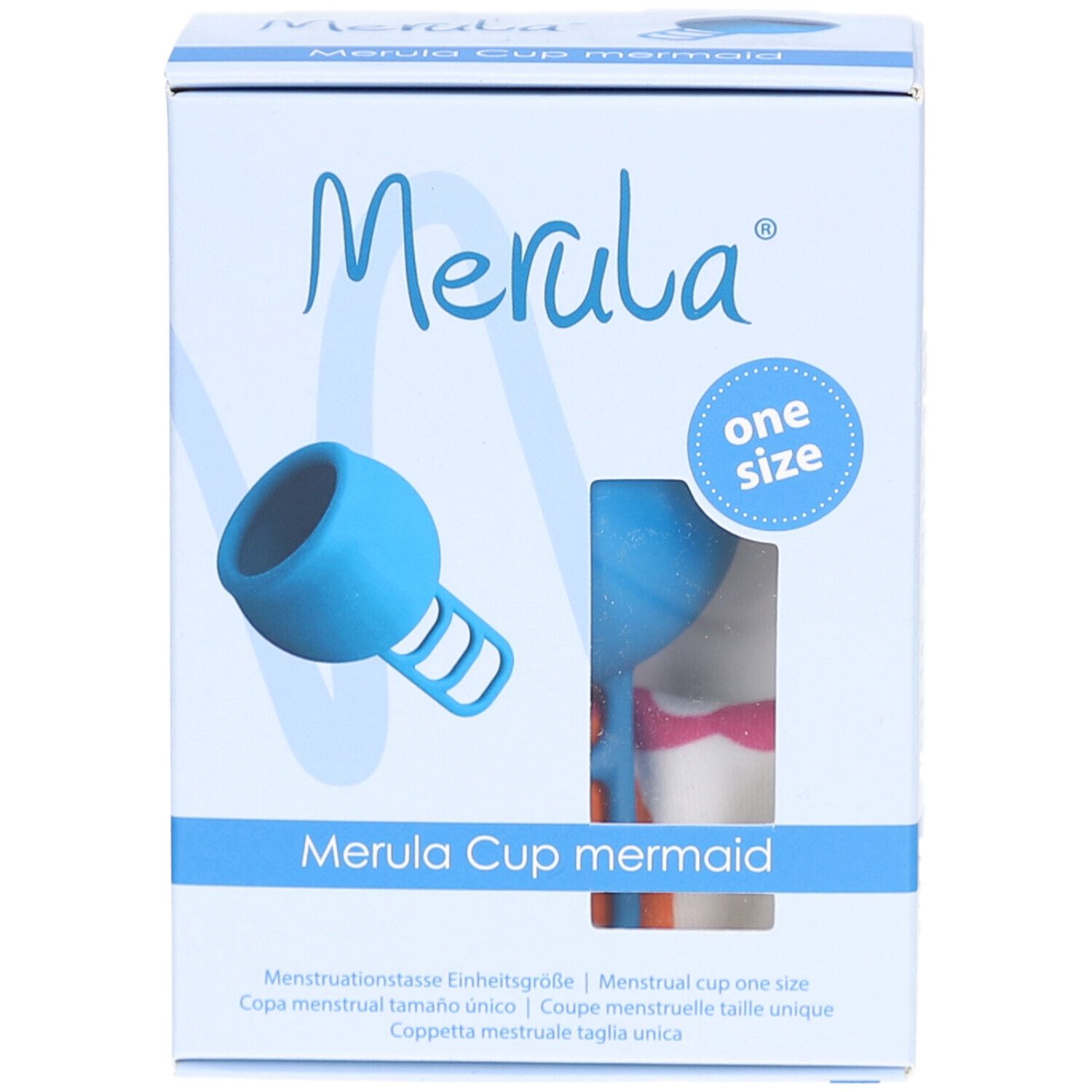 Merula Cup mermaid, blaue Menstruationstasse in Verpackung. Sichtfenster zeigt Produkt. Box mit Logo und Text.