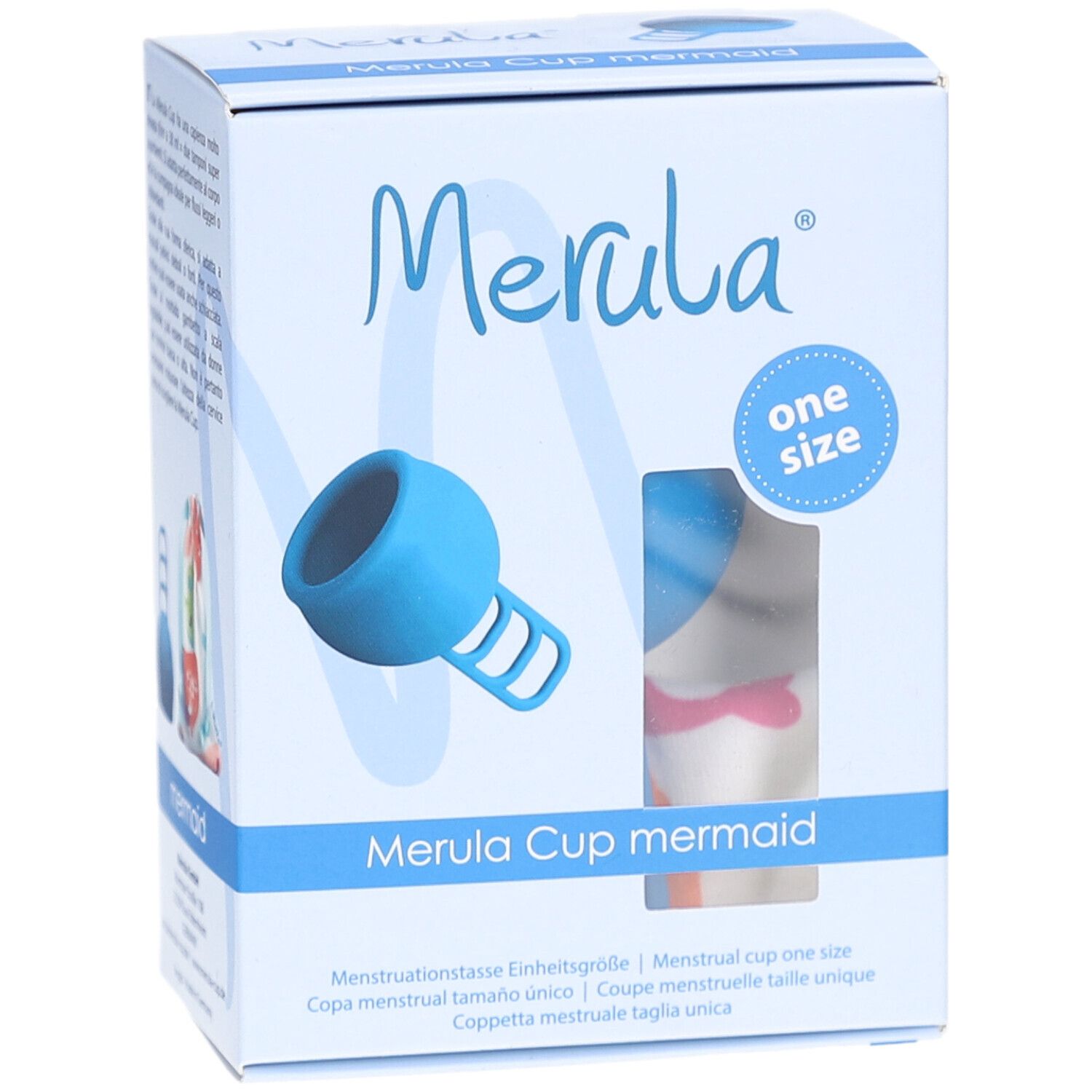 Merula Cup mermaid, blaue Menstruationstasse in Verpackung. Sichtfenster zeigt Produkt. Box mit Logo und Text.