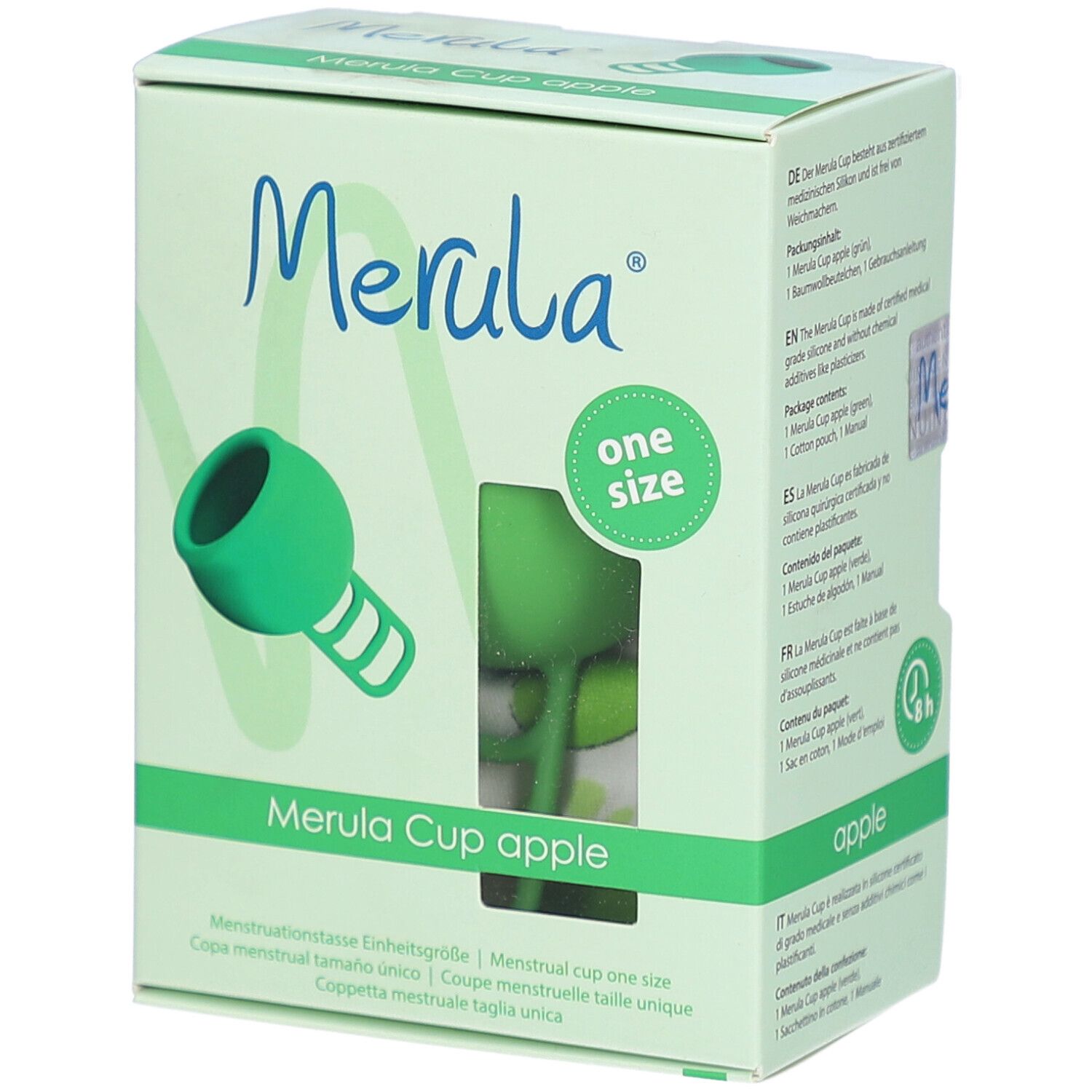 Grüne Menstruationstasse in Verpackung. Aufschrift: Merula Cup apple, one size.