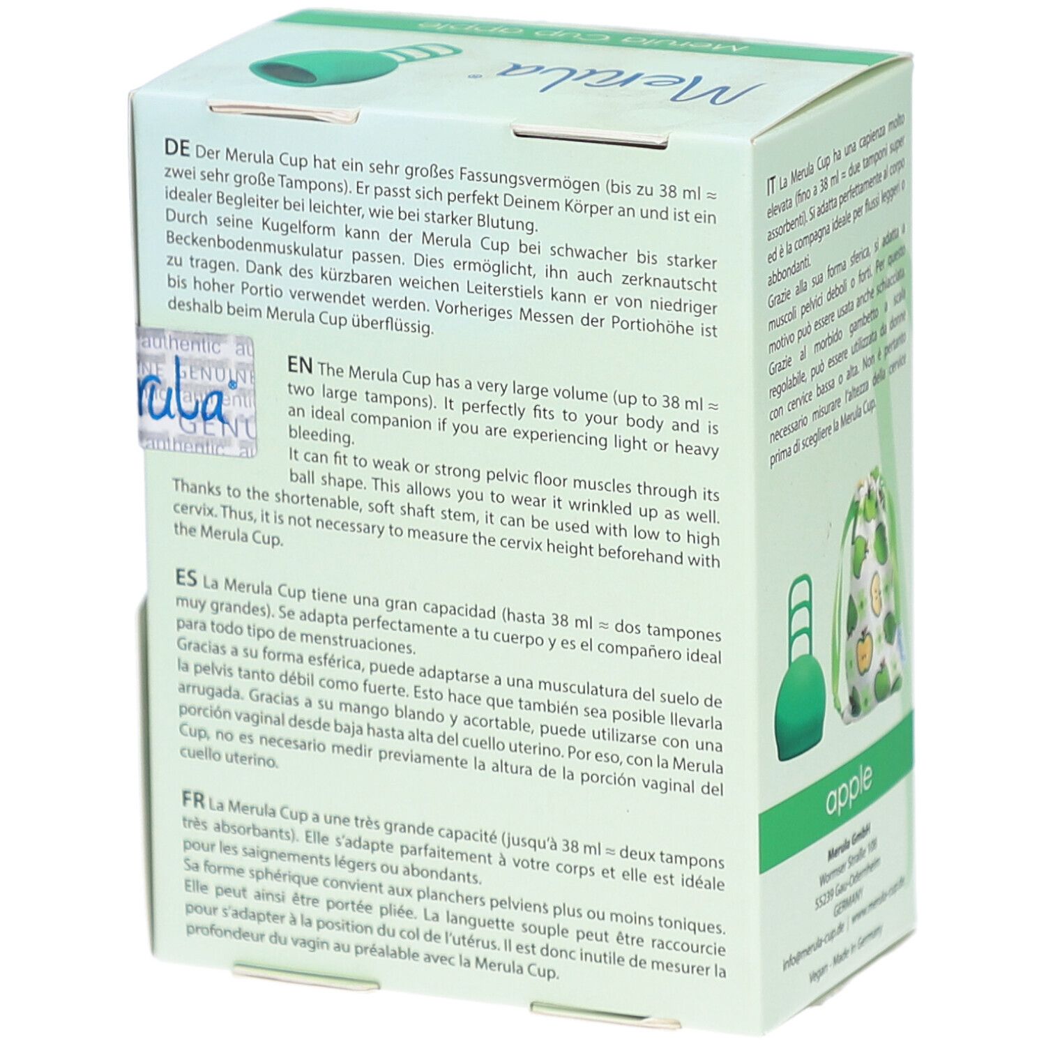 Verpackung mit Text. Aufschrift: Merula Cup apple. Abbildung der Menstruationstasse.