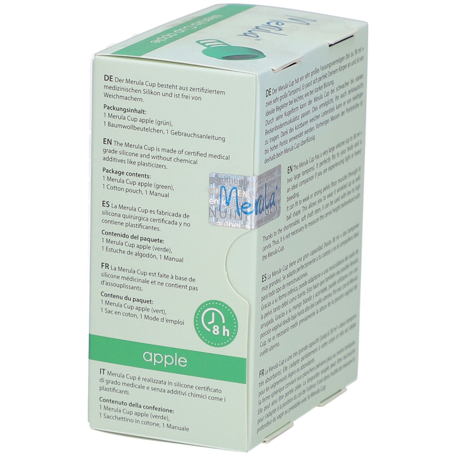 Verpackung mit Text. Aufschrift: Merula Cup apple. Inhalt: Menstruationstasse, Beutel, Anleitung.