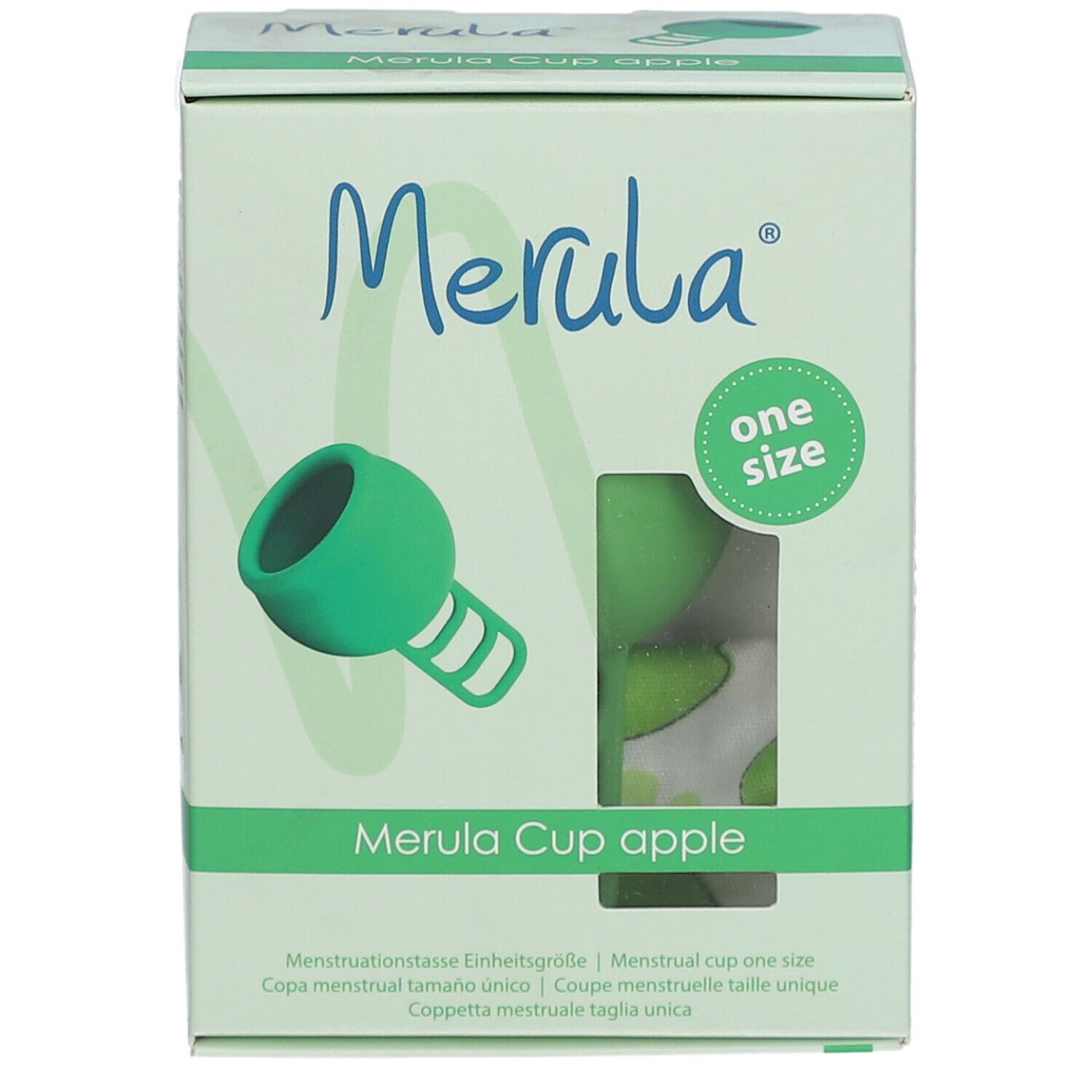 Verpackung mit grüner Menstruationstasse. Aufschrift: Merula Cup apple, one size.