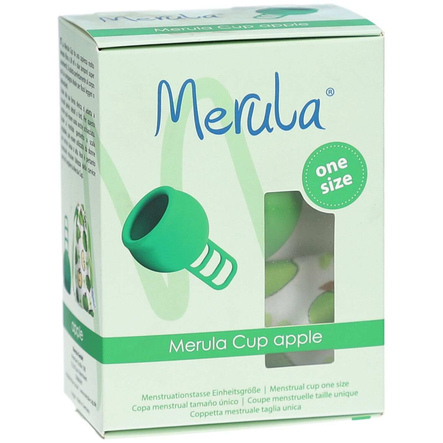 Verpackung mit grüner Menstruationstasse. Aufschrift: Merula Cup apple, one size.
