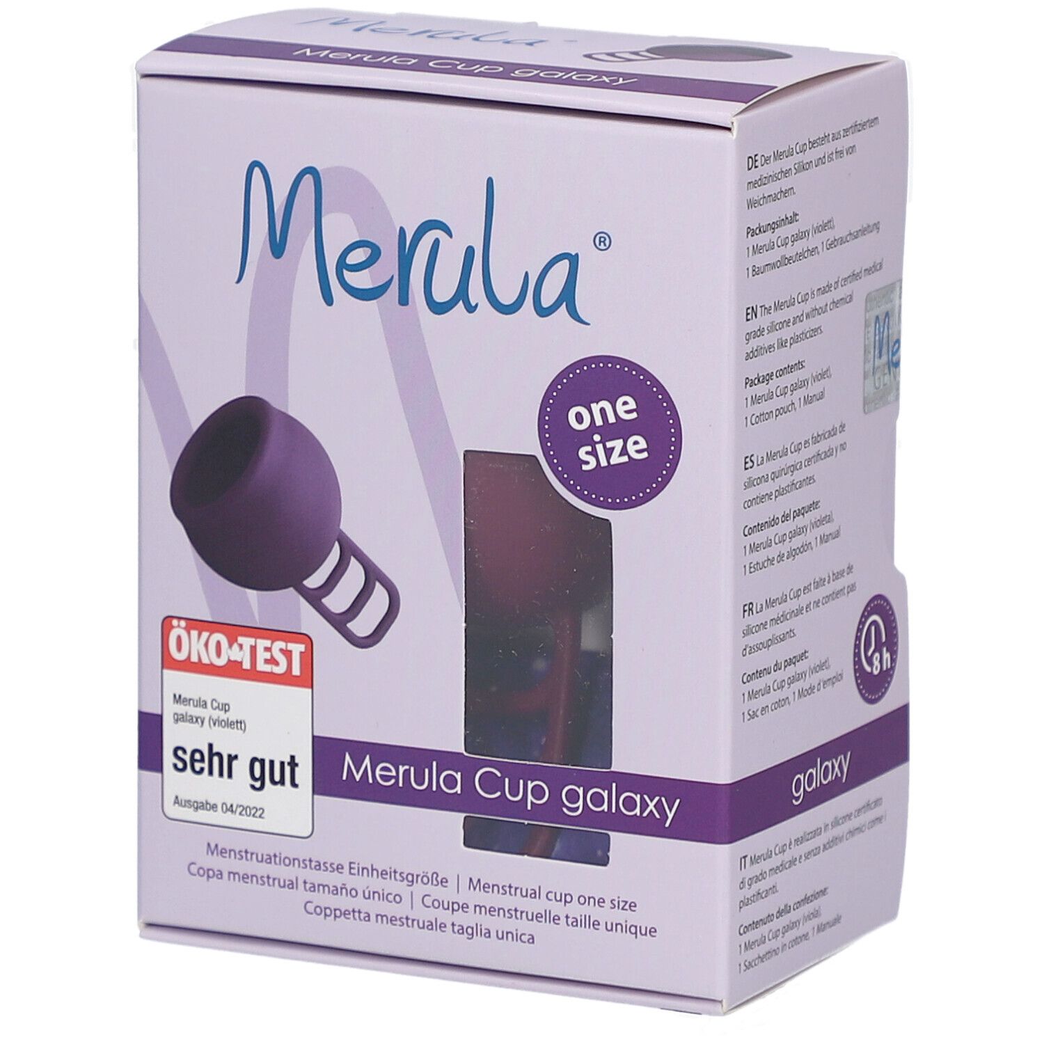 Verpackung der Merula Cup Galaxy (violett). Oben links das Logo. Oben rechts: "one size". Unten: "sehr gut" von Öko-Test.