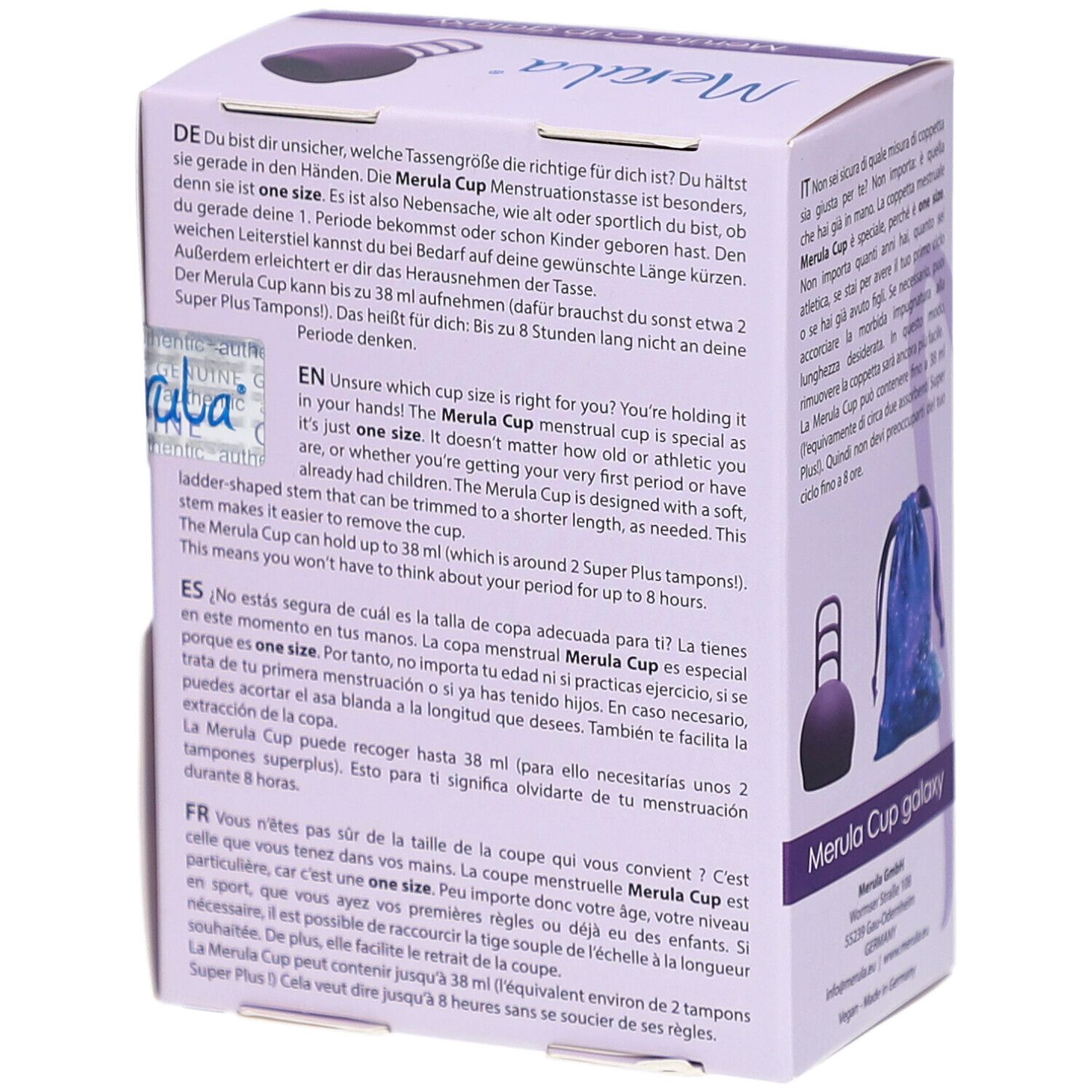 Rückseite der Merula Cup Galaxy Verpackung. Text in mehreren Sprachen. Logo und "one size".